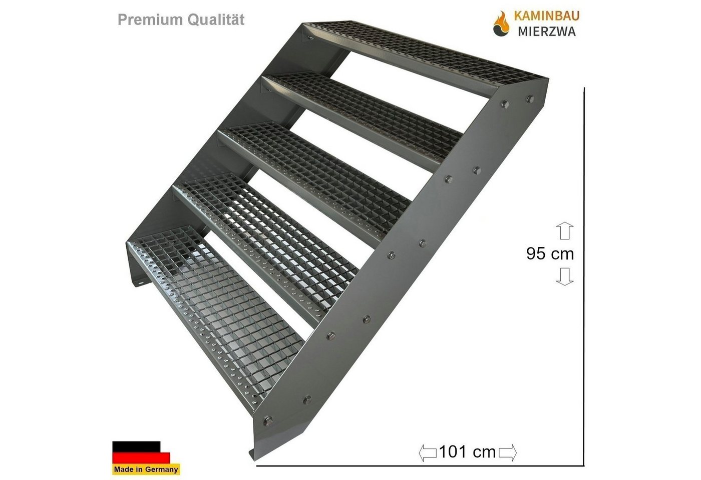 Thumbnail - Kaminbau Mierzwa Außentreppe Premium Treppe Komplett Silber Höhe Verstellbar, für Geschosshöhen bis 95 cm, Stufen Gitter...