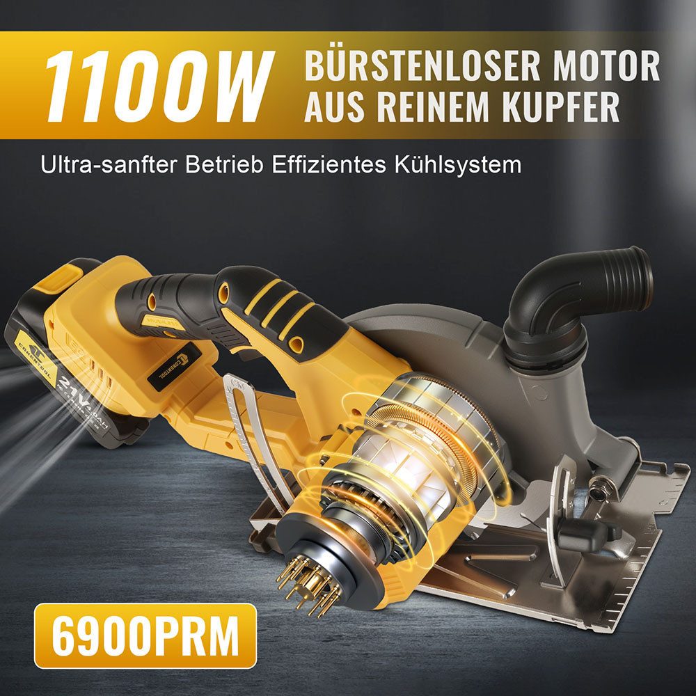 CONENTOOL Akku-Handkreissäge Bürstenlose Akku-Kreissäge 21V, Set, 2x Akku(4.0Ah)und Ladegerät, 165mm Manganstahl - Sägeblatt, für Holz, Weichmetall, Kunststoff