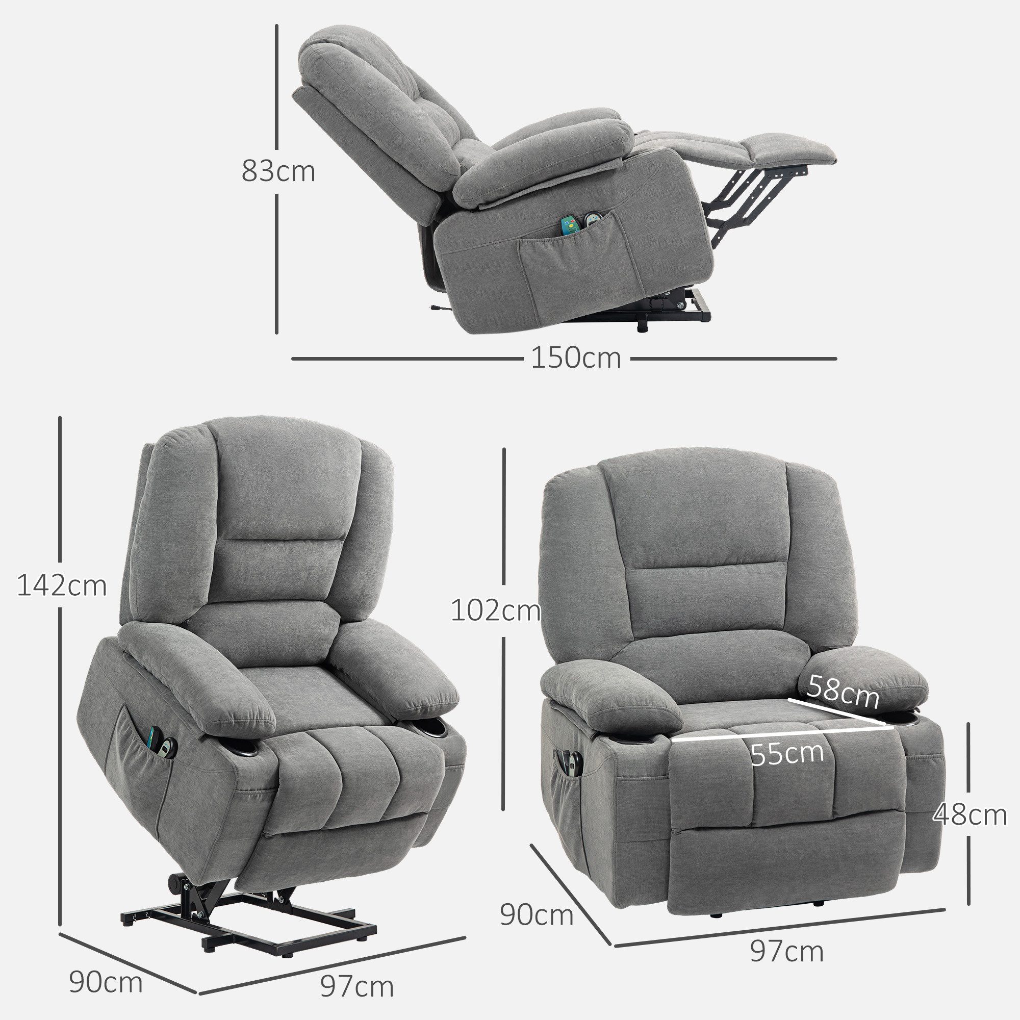 HOMCOM Relaxsessel mit Aufstehhilfe, Liegefunktion, Wärmefunktionen, Massagefunktion (Kord, 1-St., TV-Sessel), mit Seitentasche und Fernbedienung, Dunkelgrau