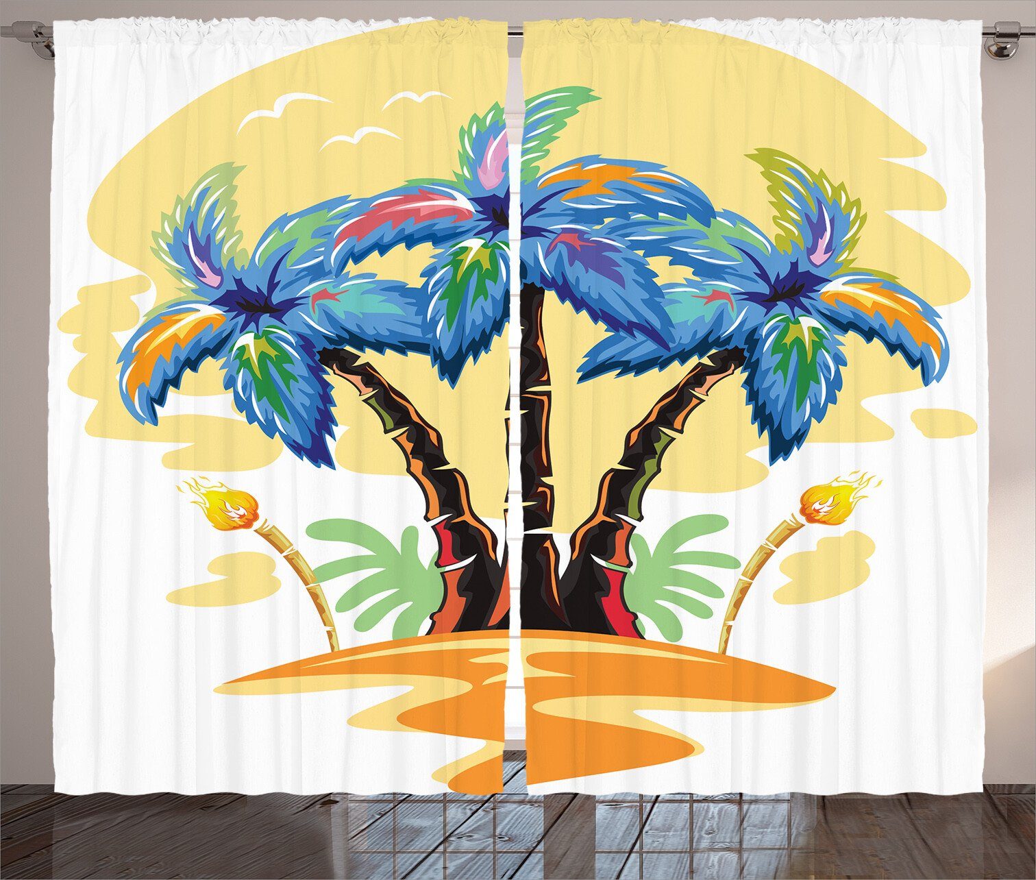 Vorhang mit Tropisch Cartoon-Insel-Sonnenuntergang Abakuhaus, Haken, Kräuselband Schlaufen Schlafzimmer Gardine und
