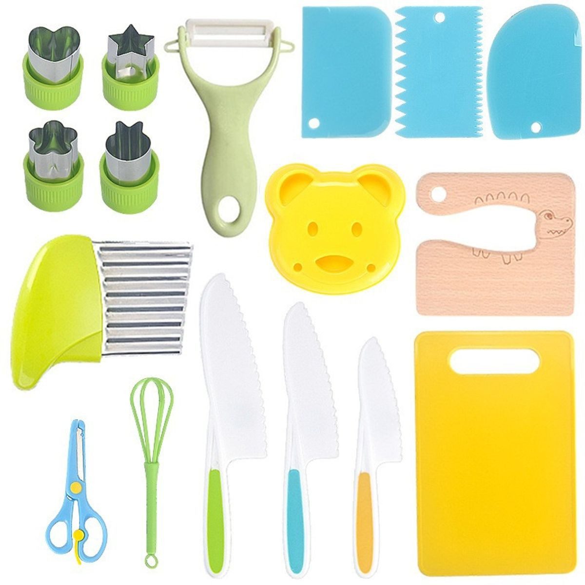 König Design Kochmesser Kinderkochmesser 17-teiliges, Kinder Küchenmesser Set Schneidebretter Messer und Ausstechformen – Bild 4 von 5