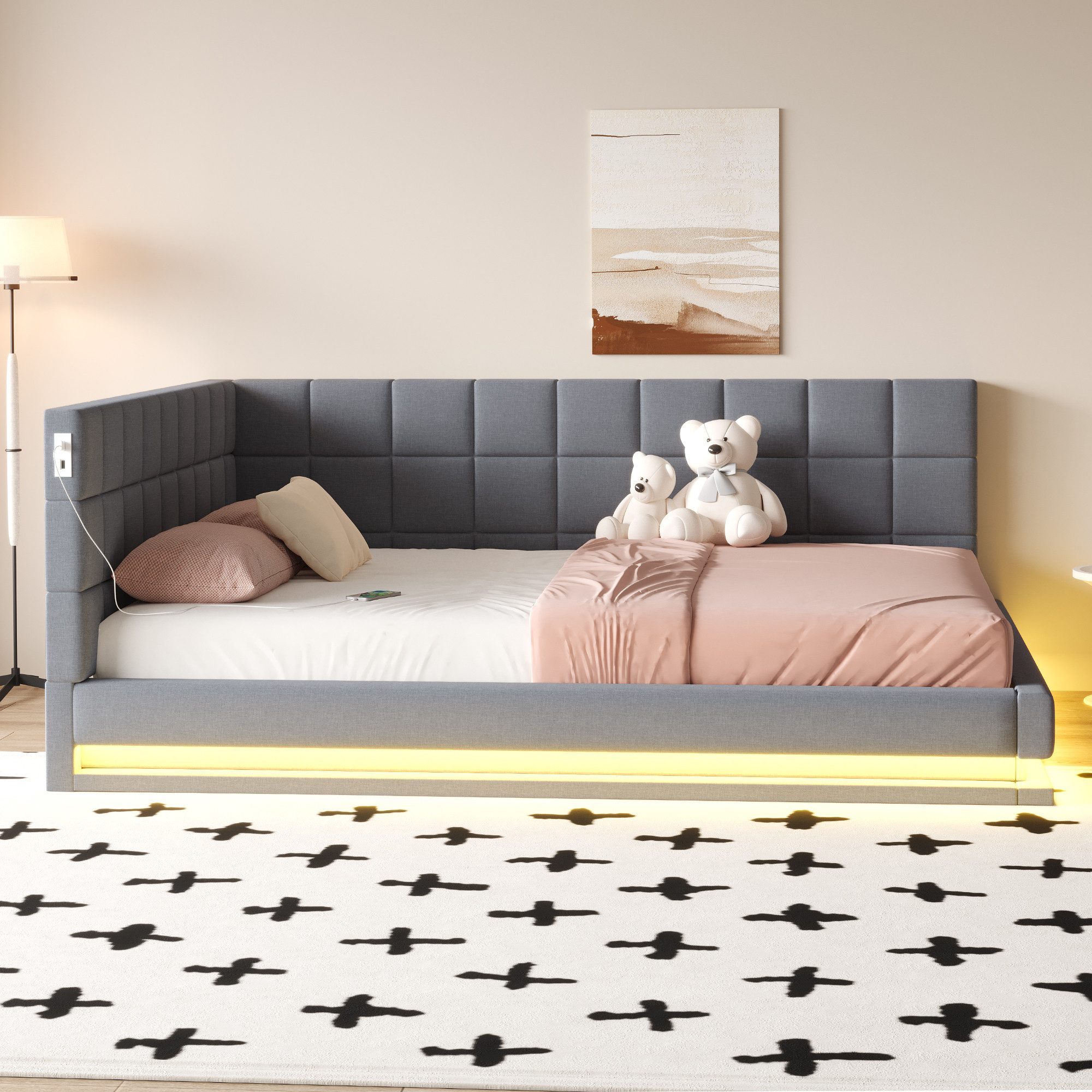 MODFU Schlafsofa Modernes Sofa Bett, Polsterbett, mit LED-Beleuchtung und USB-Ladeanschluss, mit Matratze