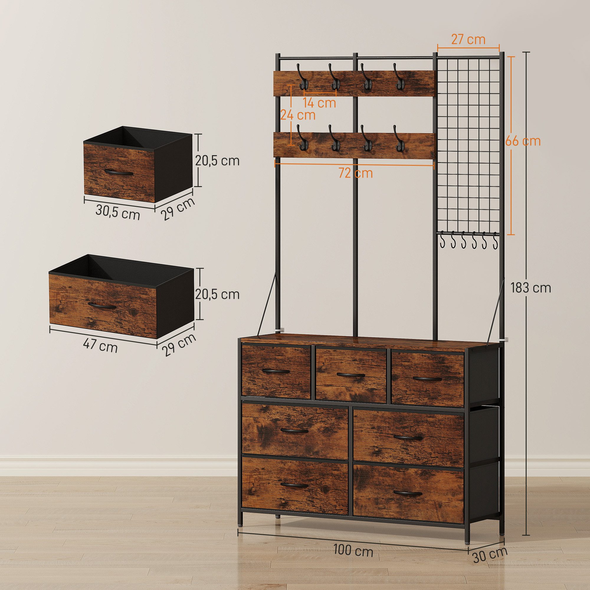 HOMCOM Garderobenständer Kleiderständer Flurgarderobe mit 14 Haken, (Set, 1 St., 1), 4-in-1 Garderobe mit 7 Schubladen