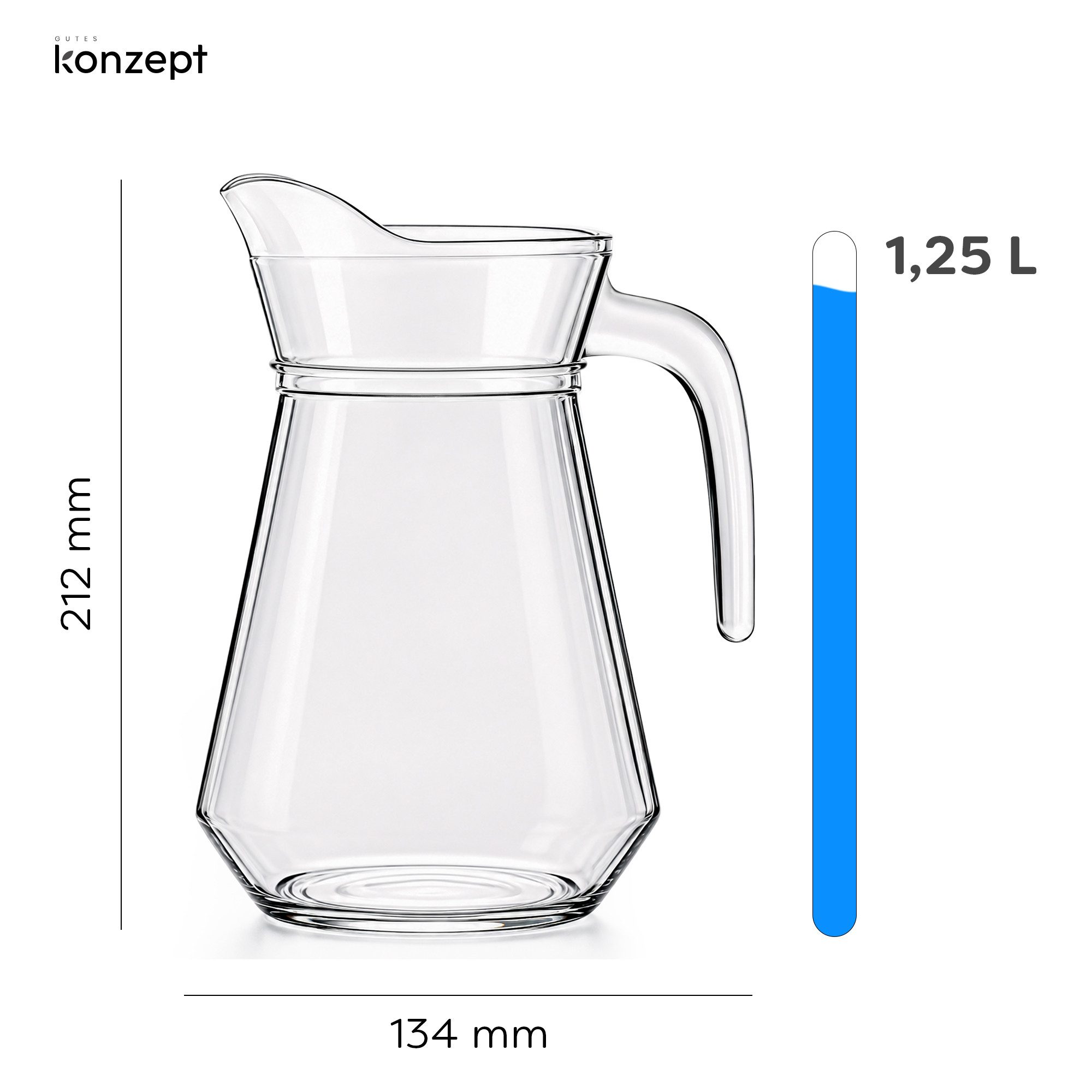 KONZEPT Wasserkrug aus robustem Glas mit Griff und Ausgießer, für Zuhause und Gastronomie, 1,25 L, Höhe 212 mm, Gesamtbreite 134 mm, Robustes Glas – Bild 3 von 5