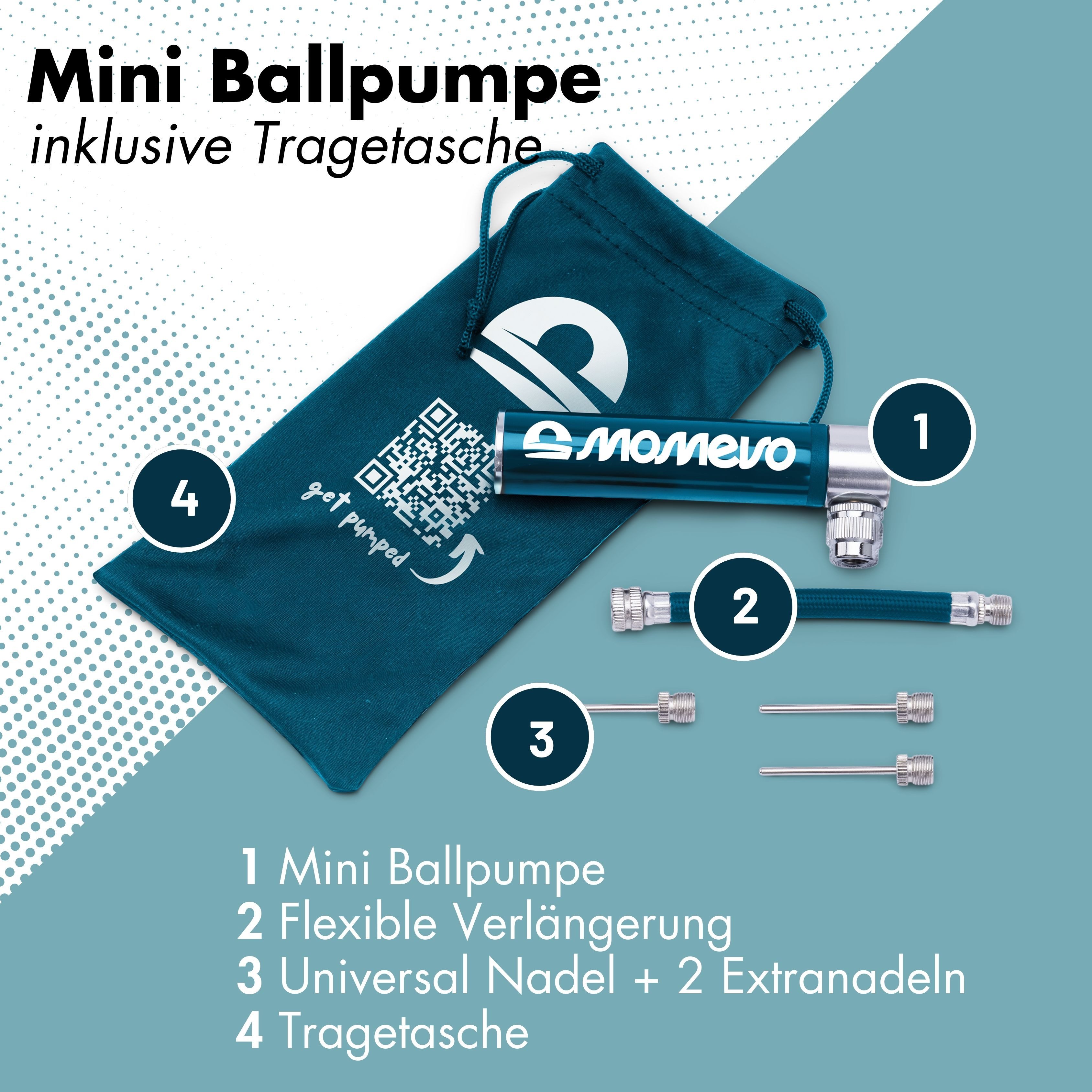 Momevo Handpumpe Kleine Aluminium-Ballpumpe für Fußball, alle Bälle, flexibler Schlauch, inklusive drei Nadeln