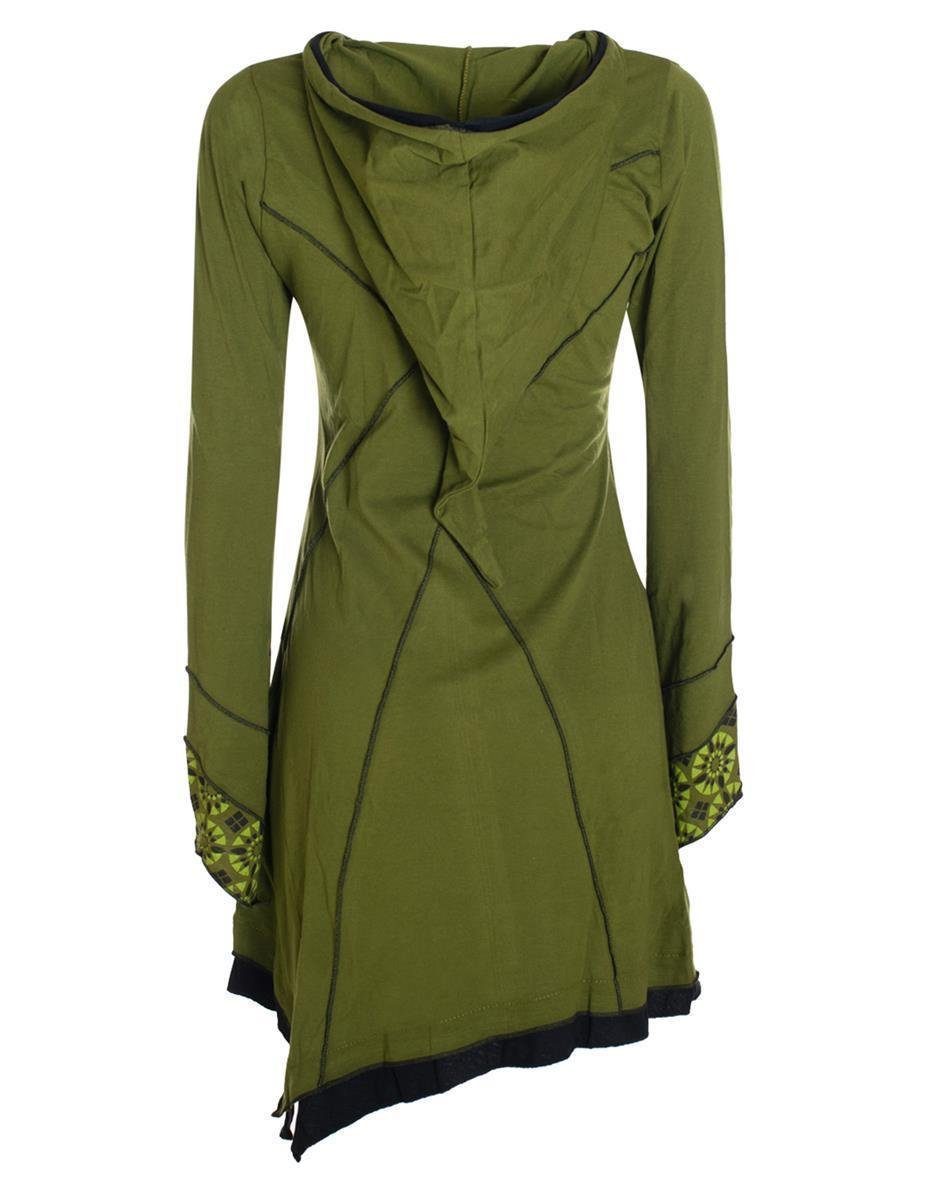 Vishes Zipfelkleid Langarm Damen Elfen Elfentunika olive Style Hippie, Boho, Zipfelige Goa Zipfelkleid Bedruckt