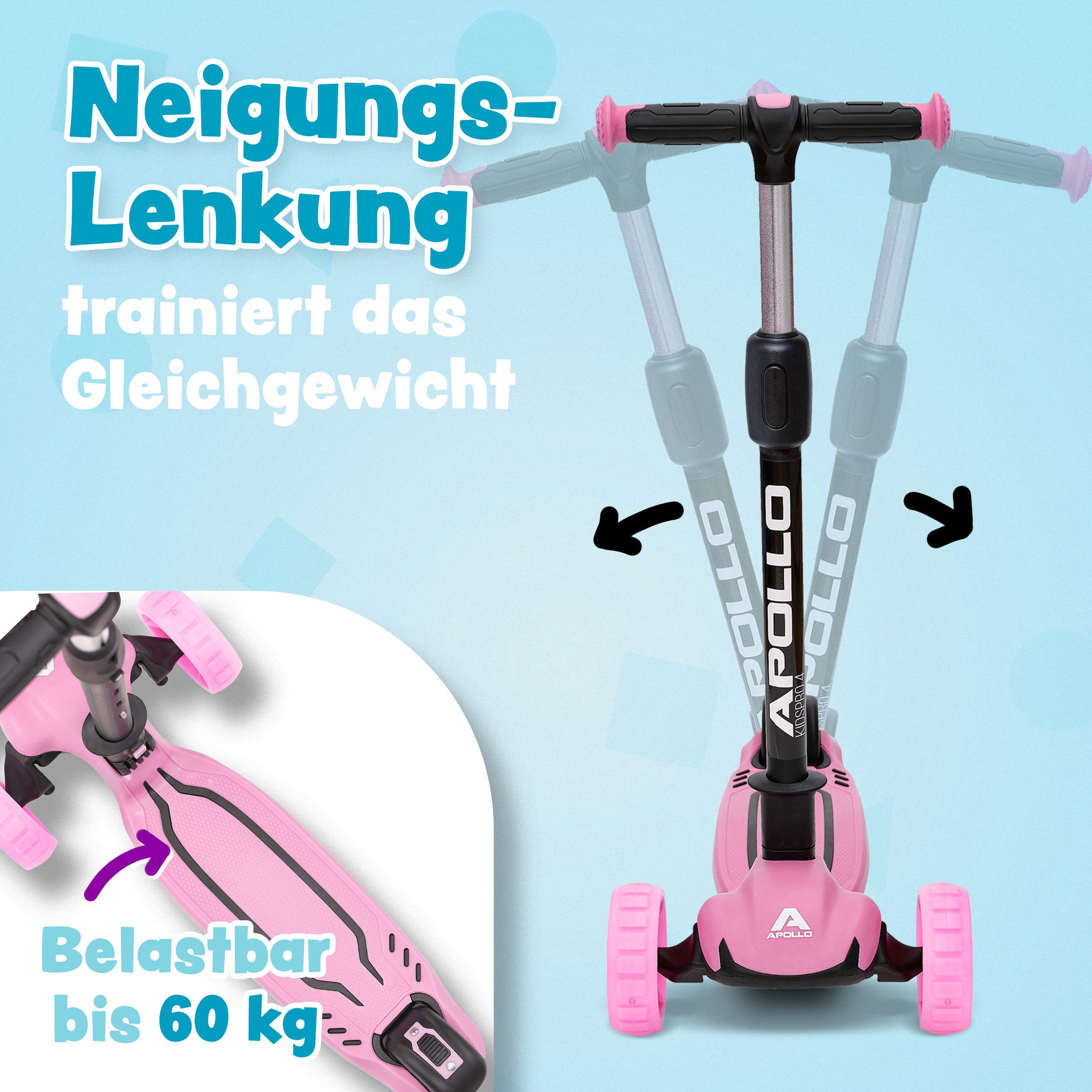 Apollo Dreiradscooter LED Kinderscooter Kids pro 4, Kinderroller mit LED Wheels, höhenverstellbar Für Kinder ab 3 Jahren – Bild 3 von 5