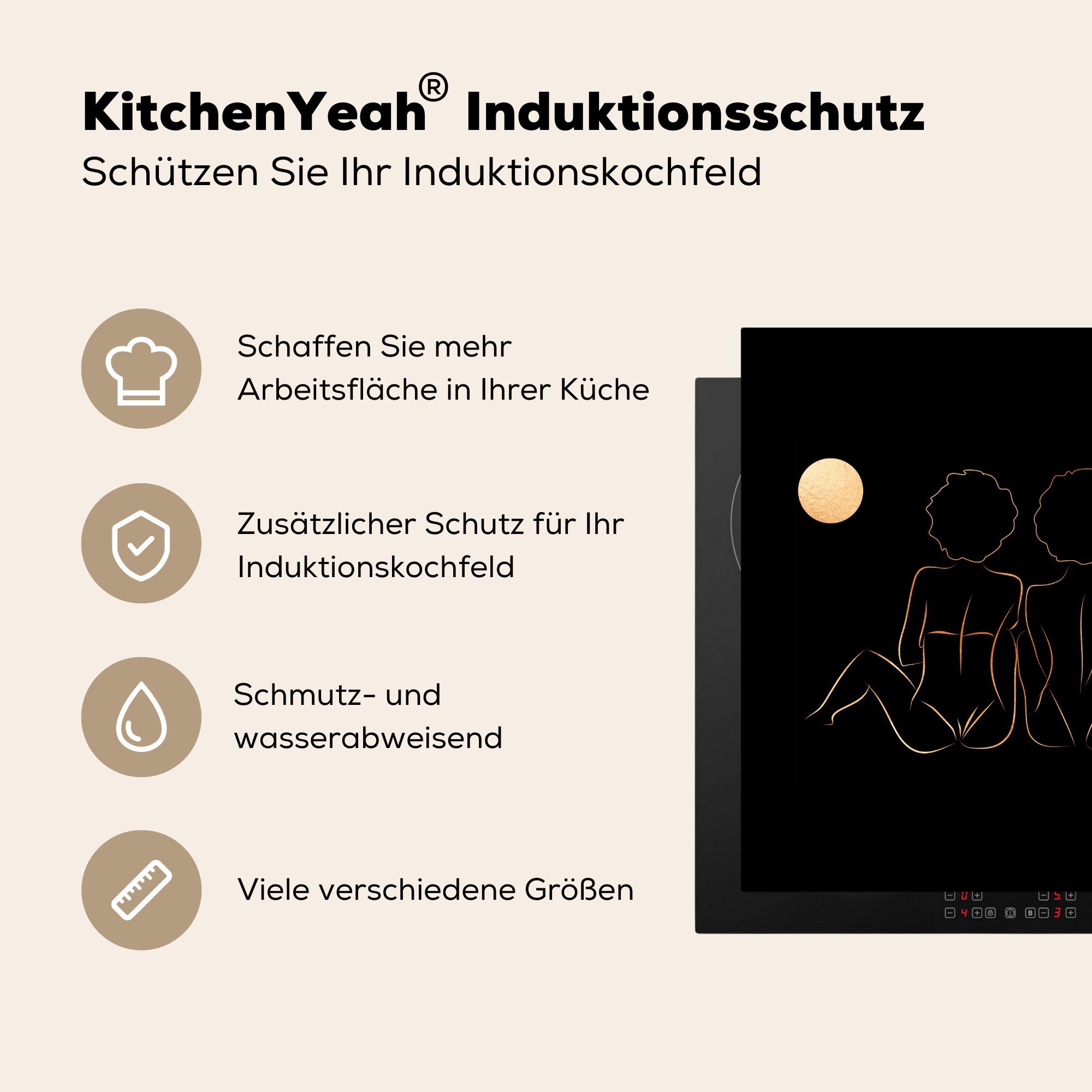 Arbeitsplatte für Vinyl, cm, tlg), Herdblende-/Abdeckplatte Strichzeichnung, - Frauen Mond MuchoWow Gold 78x78 Ceranfeldabdeckung, - küche - (1