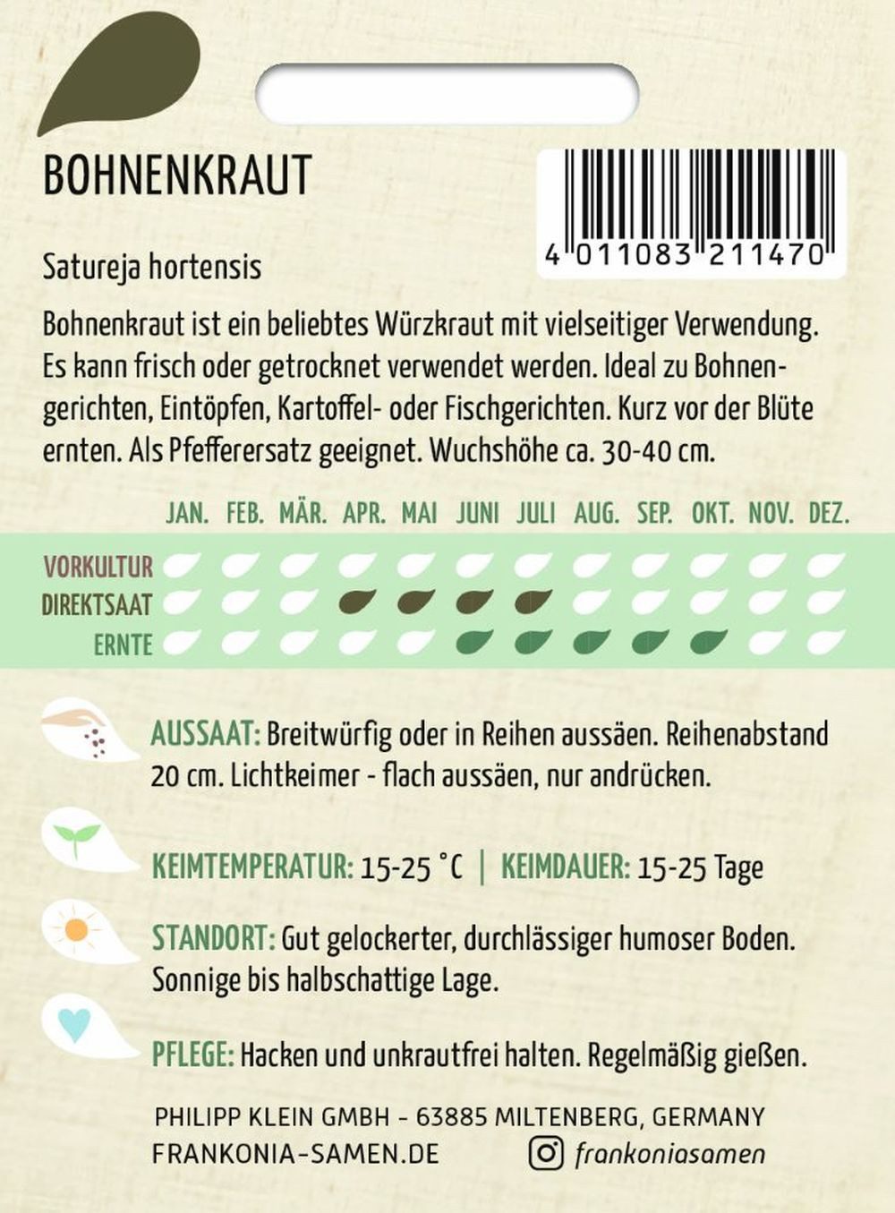 FRANKONIA Kräutersamen Bohnen- oder Pfefferkraut - Bohnenkraut-Samen Gewürz Saatgut Samen, Satureja hortensis