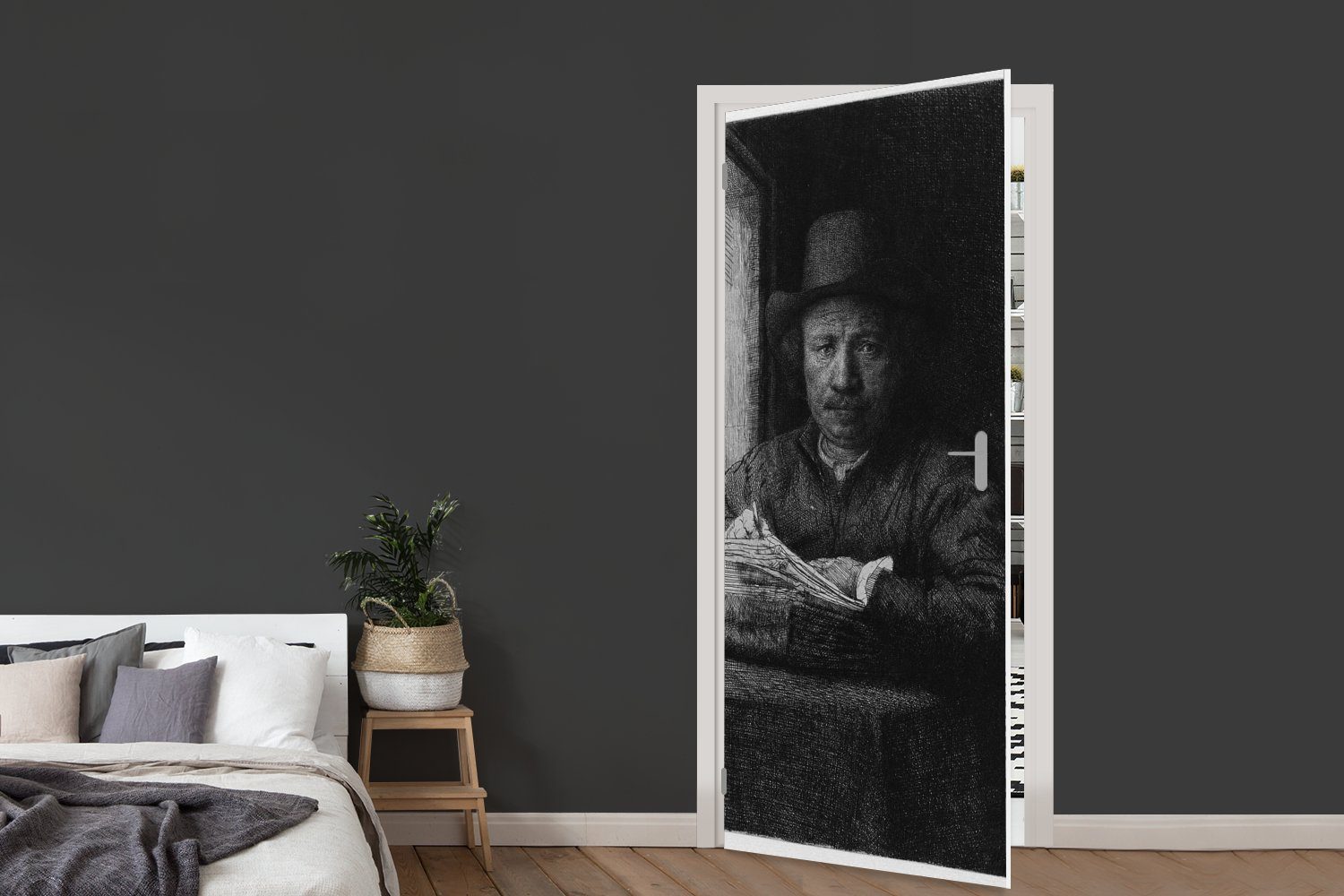 für Fototapete Rembrandt Türaufkleber, eines Matt, van geätzt (1 MuchoWow 75x205 Türtapete Rijn, Tür, bedruckt, der Nähe Fensters - in St), cm Selbstbildnis