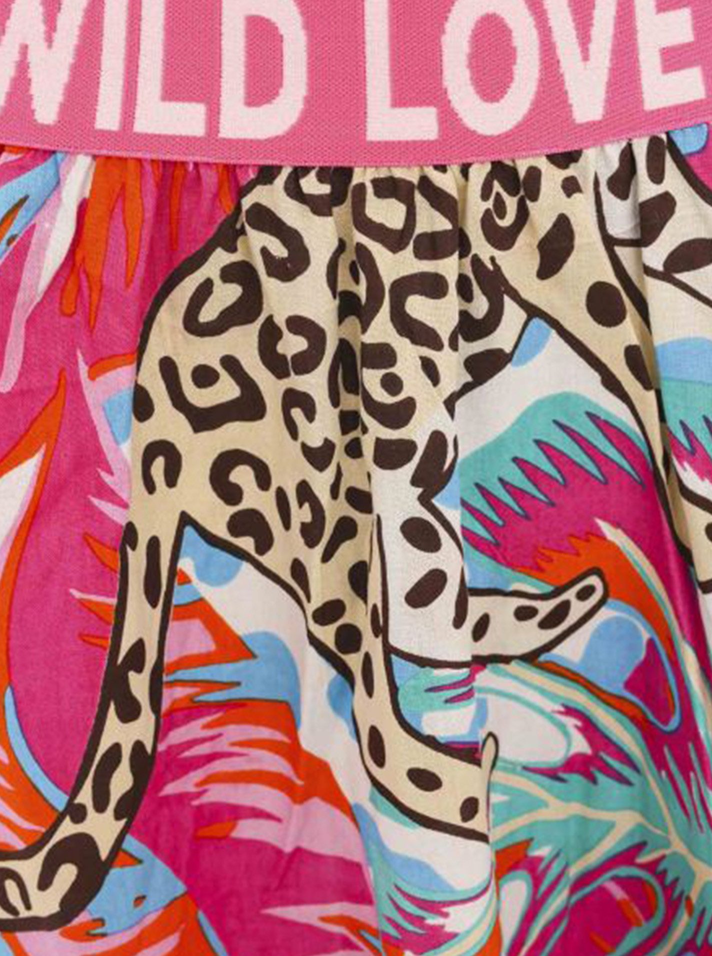 Zwillingsherz Maxirock "Dschungel Leopard" Animal-Print, bunten Blättern, Schriftzug, Viskose, knöchellang