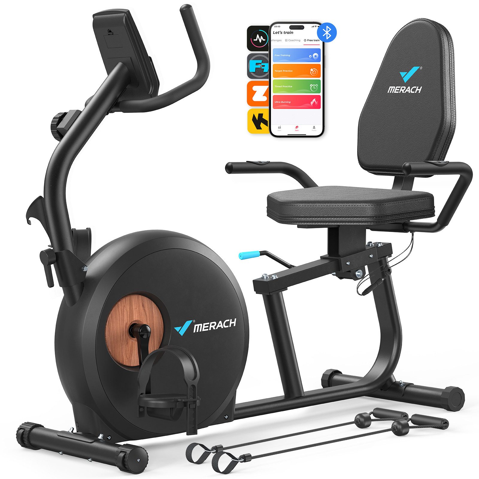 MERACH Liege-Heimtrainer Fahrrad für Zuhause, 8 Widerstandsstufen (mit Bluetooth, Exklusiver App, Kinomap Kompatibel, LCD-Display, Herzfrequenzsensor, verstellbarer Rückenlehne, Tablet-Halter, leise), Liegerad mit Magnetwiderstand, Beintrainer bis 158kg, sanfter Sitz