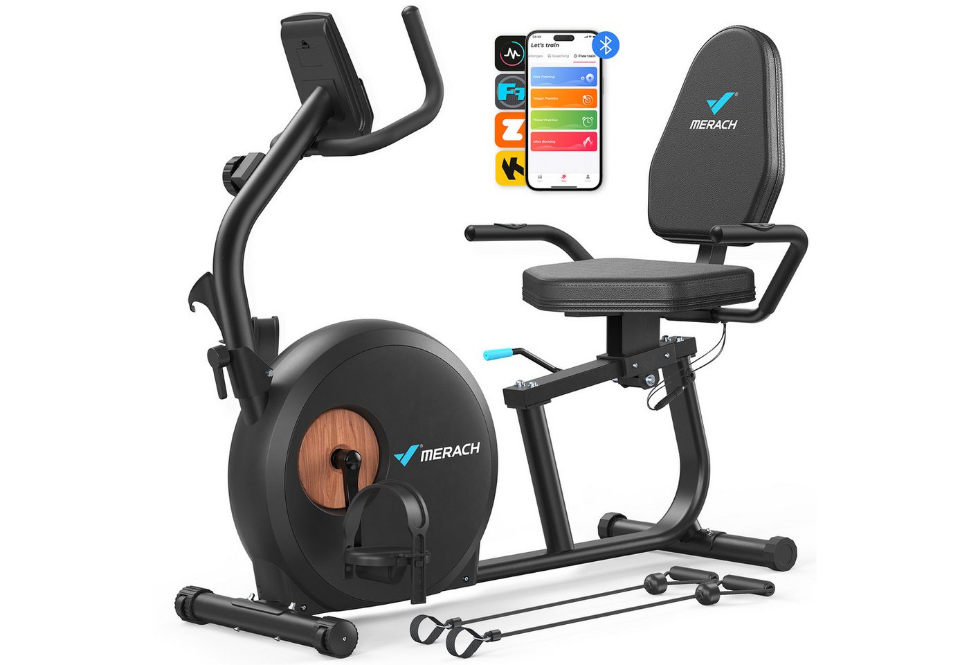 MERACH Liege-Heimtrainer Fahrrad für Zuhause, 8 Widerstandsstufen (mit Bluetooth, Exklusiver App, Kinomap Kompatibel, LCD-Display, Herzfrequenzsensor, verstellbarer Rückenlehne, Tablet-Halter, leise), Liegerad mit Magnetwiderstand, Beintrainer bis 158kg,