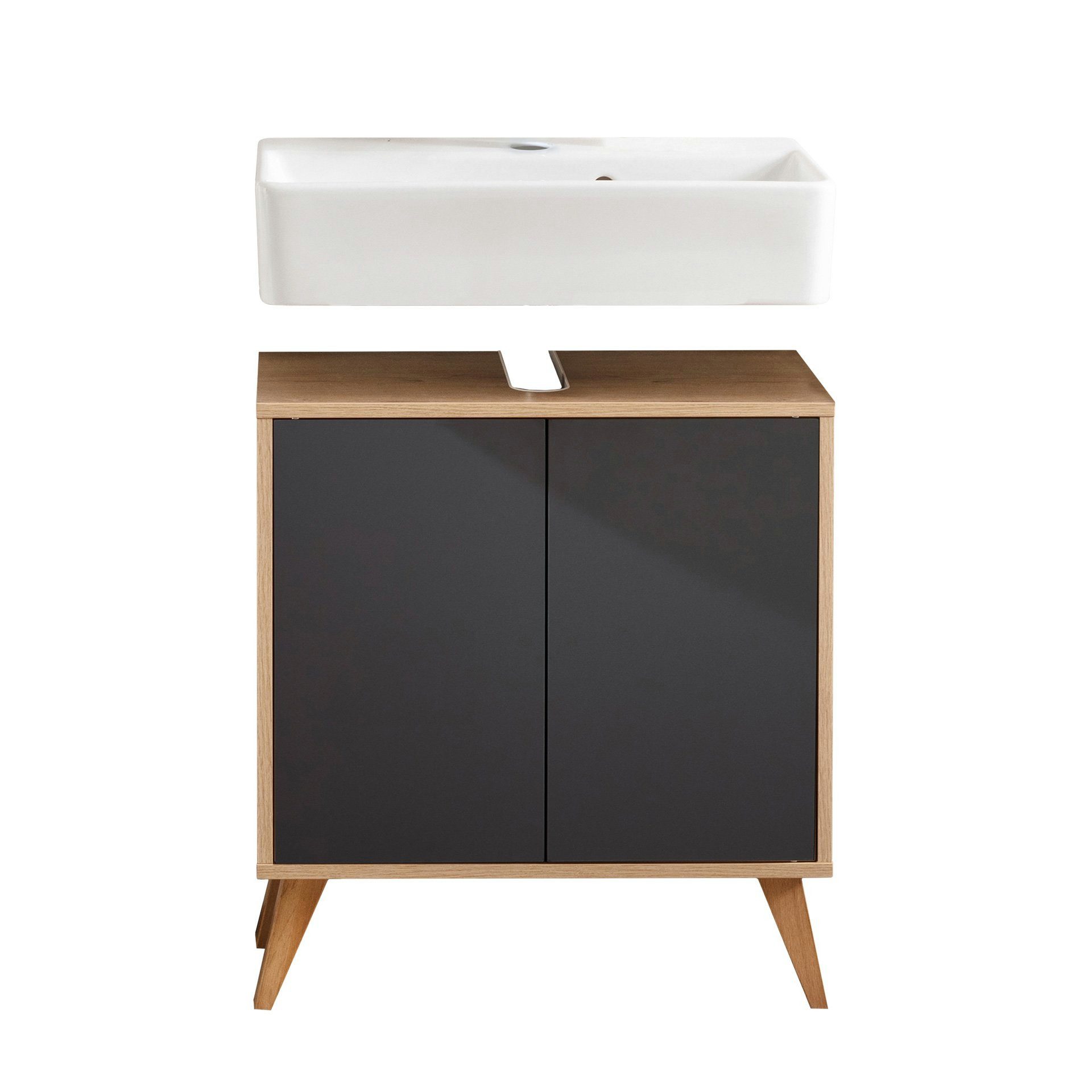 FACKELMANN Badmöbel-Set Finn Set 3-teilig 60 cm breit, mit Füßen, hell braun/anthrazit