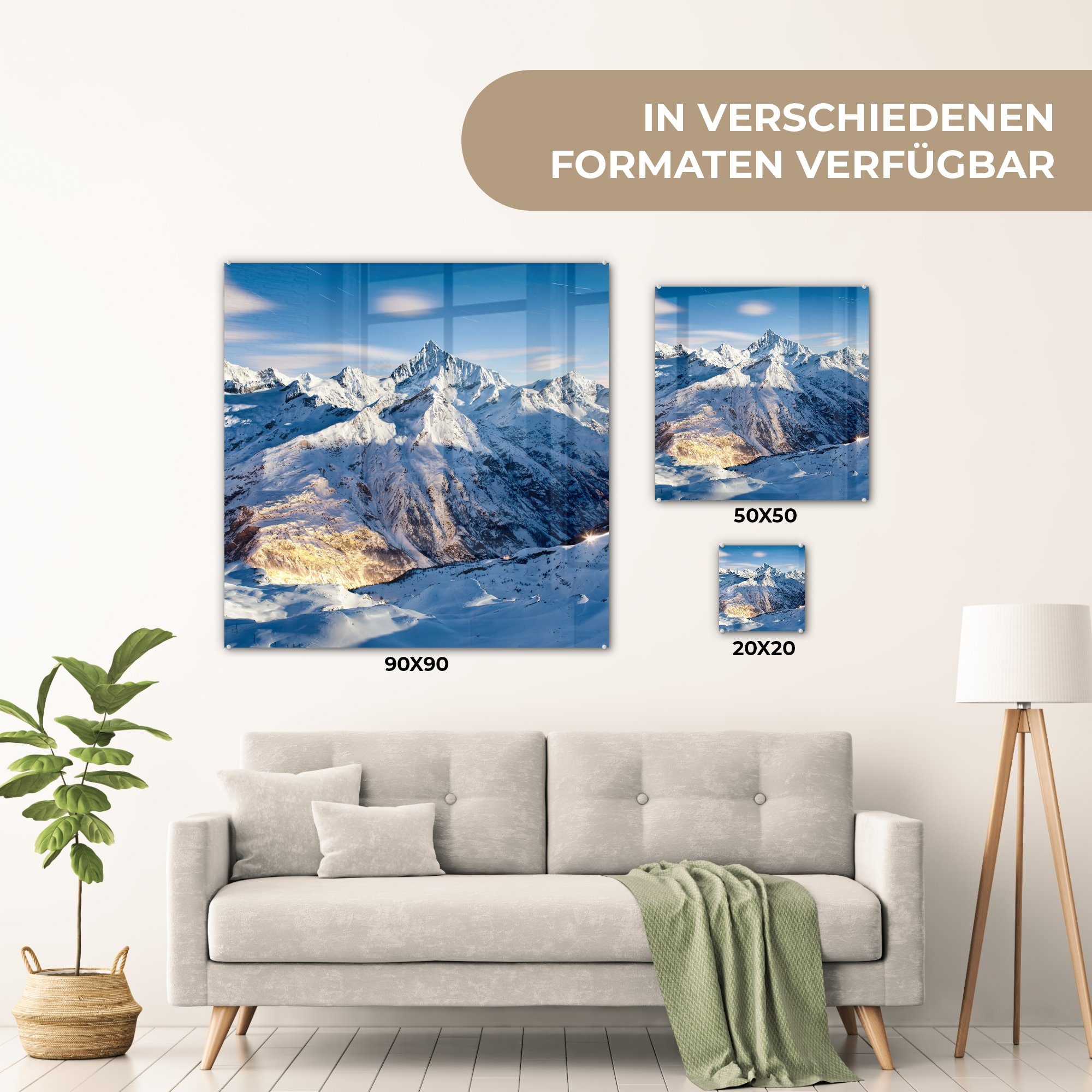 MuchoWow auf Wanddekoration Glas St), Alpen auf im - - Glas Schweizer (1 Acrylglasbild - Glasbilder Bilder Wandbild Winter, Foto