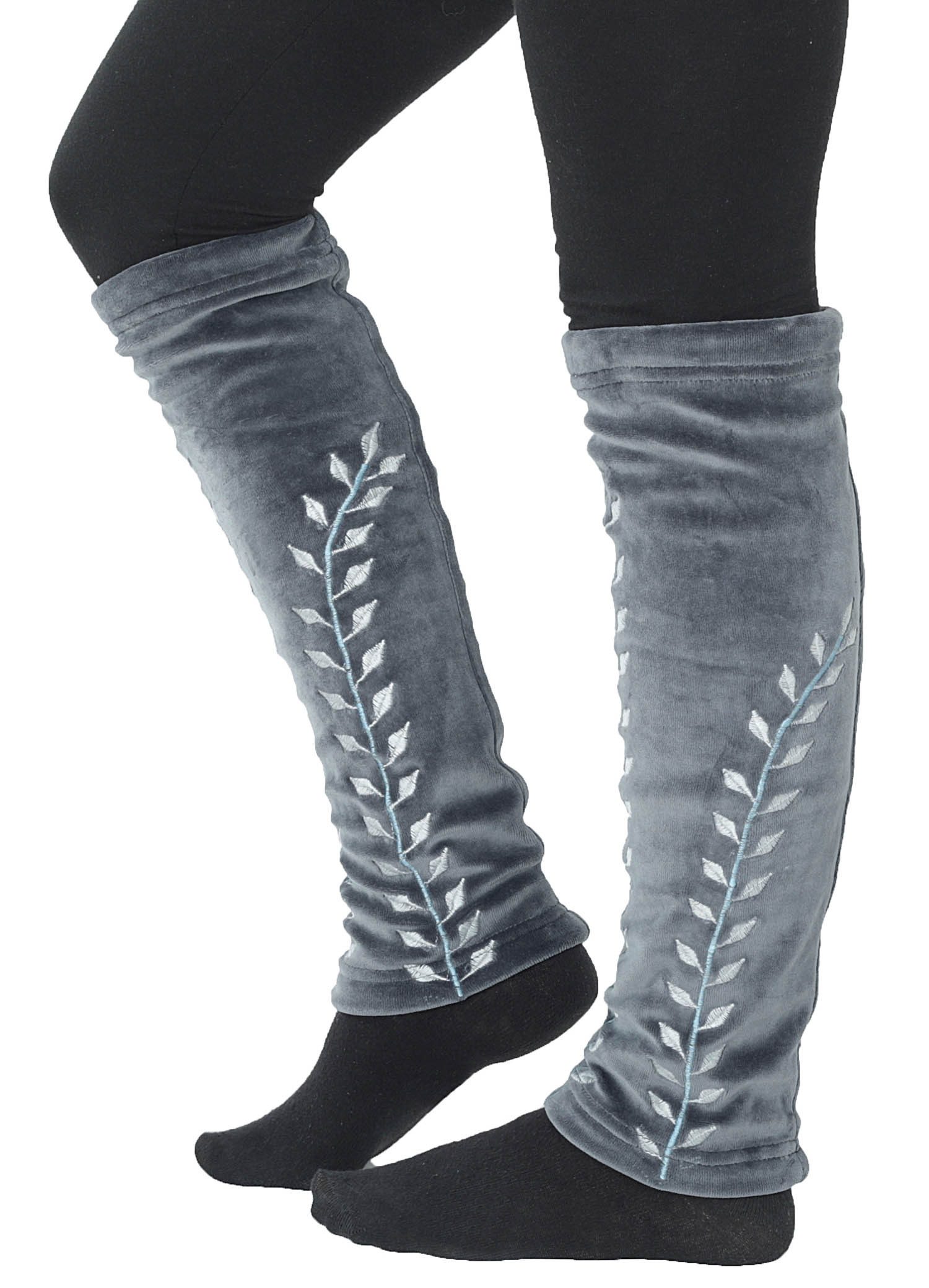 PUREWONDER Beinstulpen Beinstulpen aus Samt, Stulpen mit Blätter-Ranken LW14 Grau (1 Paar) Einheitsgröße