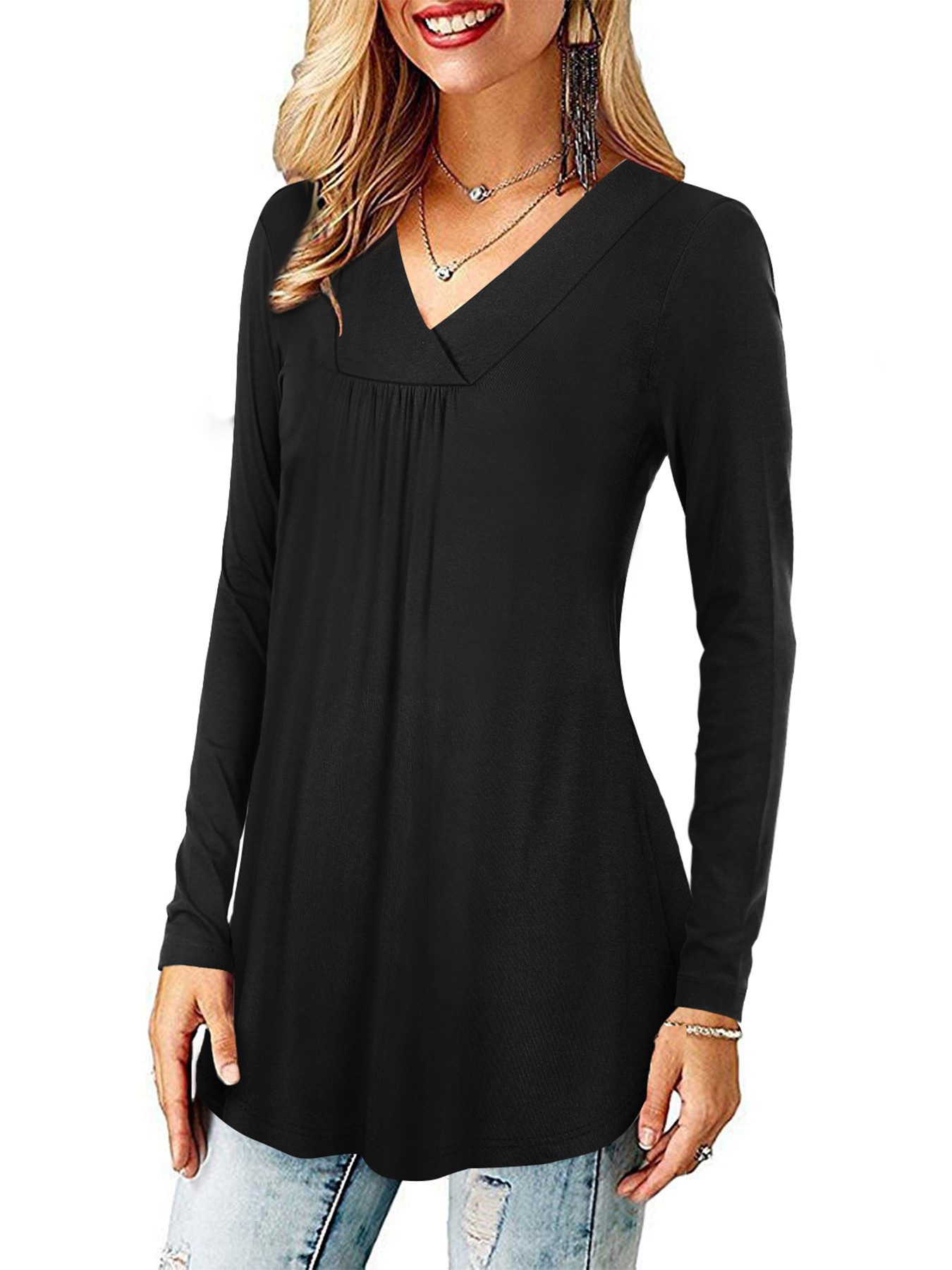 Beluring Langarmshirt Damen V-Ausschnitt Plissee Langbluse günstig online kaufen