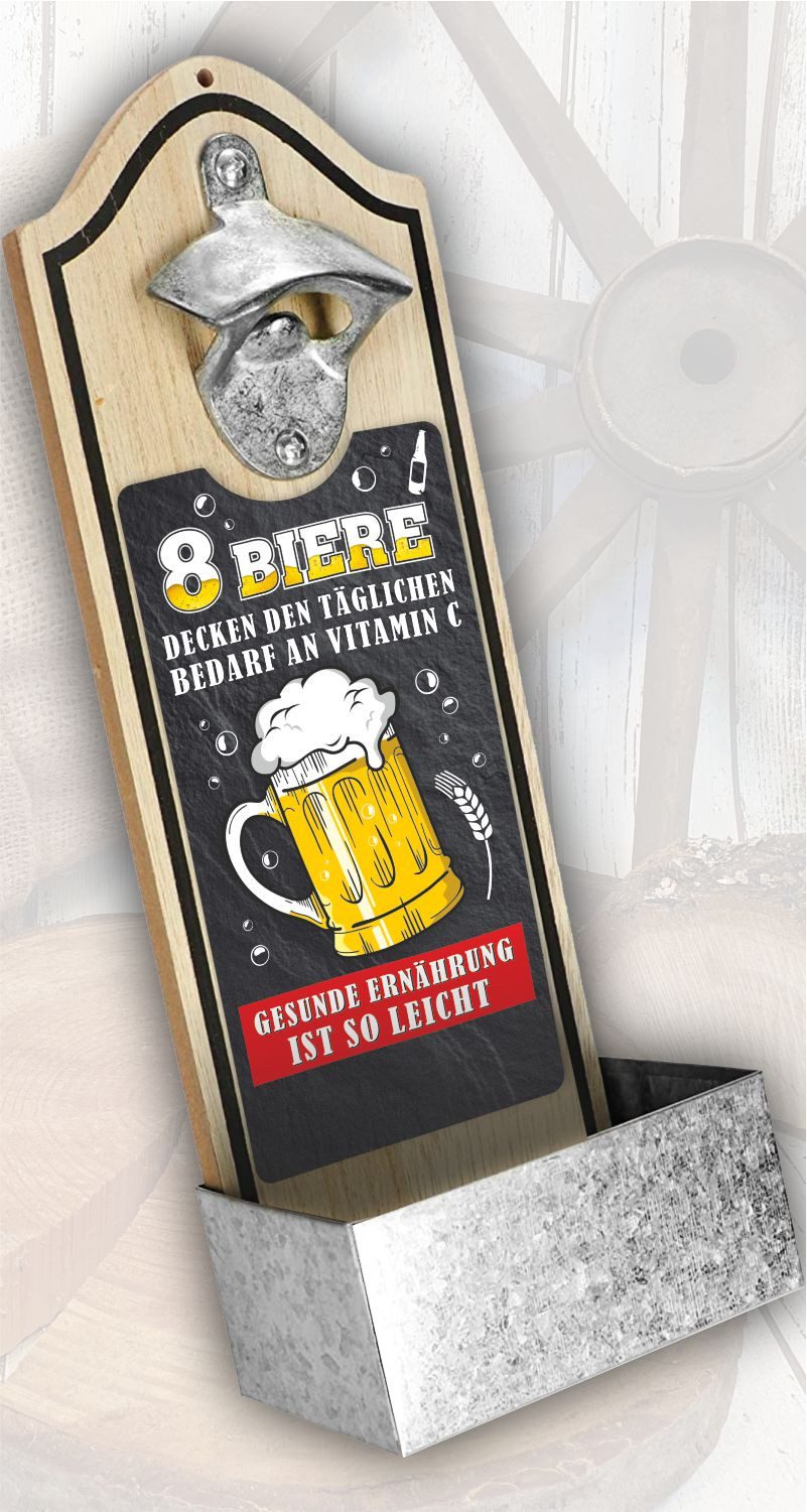 Andrea Geschenkewelt Бутылкиöffner Бутылкиöffner für die Wand Wandflaschenöffner mit Auffangschale (Männergeschenk, Mit Spruch: "8 Biere decken den täglichen Vitamin C Bedarf), Bieröffner mit Auffangbehälter, 3D - Doming mit Bierspruch