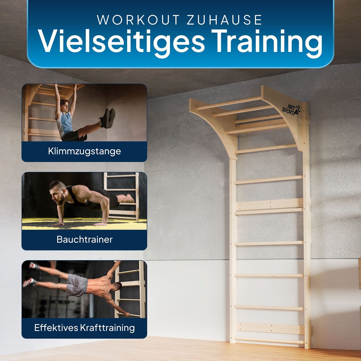 ArtSport Sprossenwand Holz Sprossenwand, für Erwachsene, Indoor Sportgerät aus Holz mit Klimmzugstange