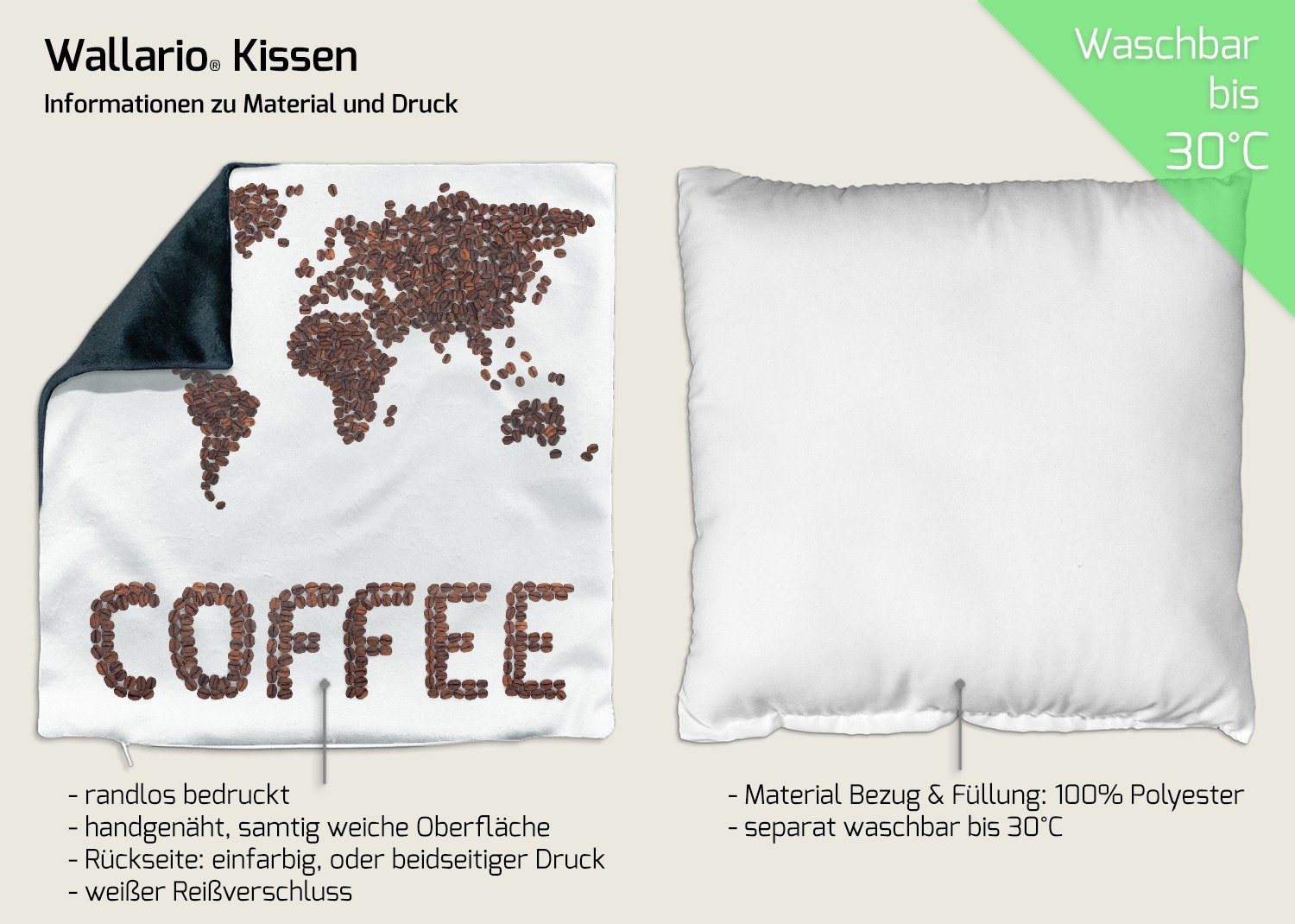 Kaffeebohnen, Weltkarte aus handgenäht Schriftzug Dekokissen Wallario mit