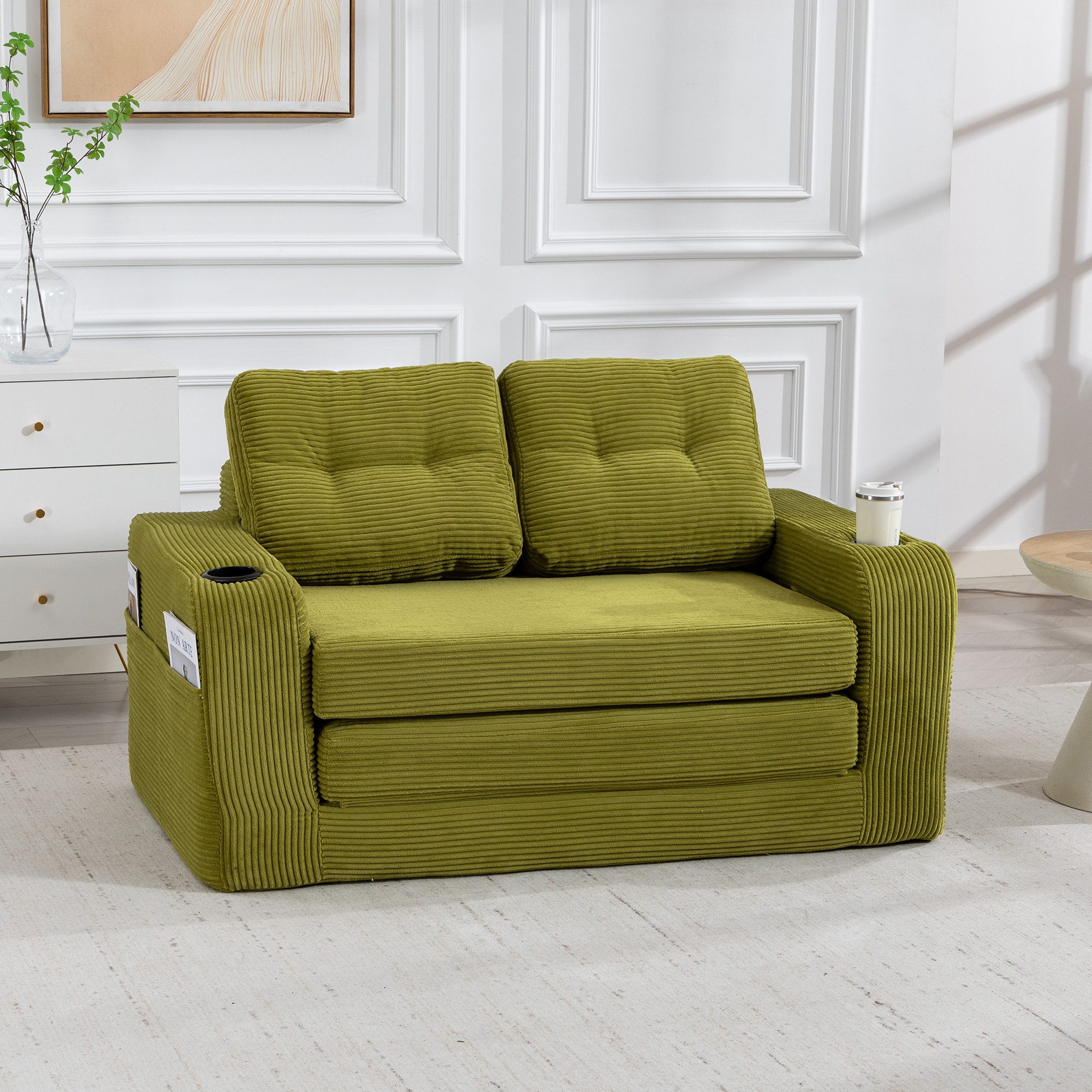 MODFU Sofa Rahmenloses Zweisitzer-Loungesofa aus Cordstoff mit Seitentaschen, Getränkehaltern und umbaubarem Sitzsack, gestepptes Design für maximalen Komfort