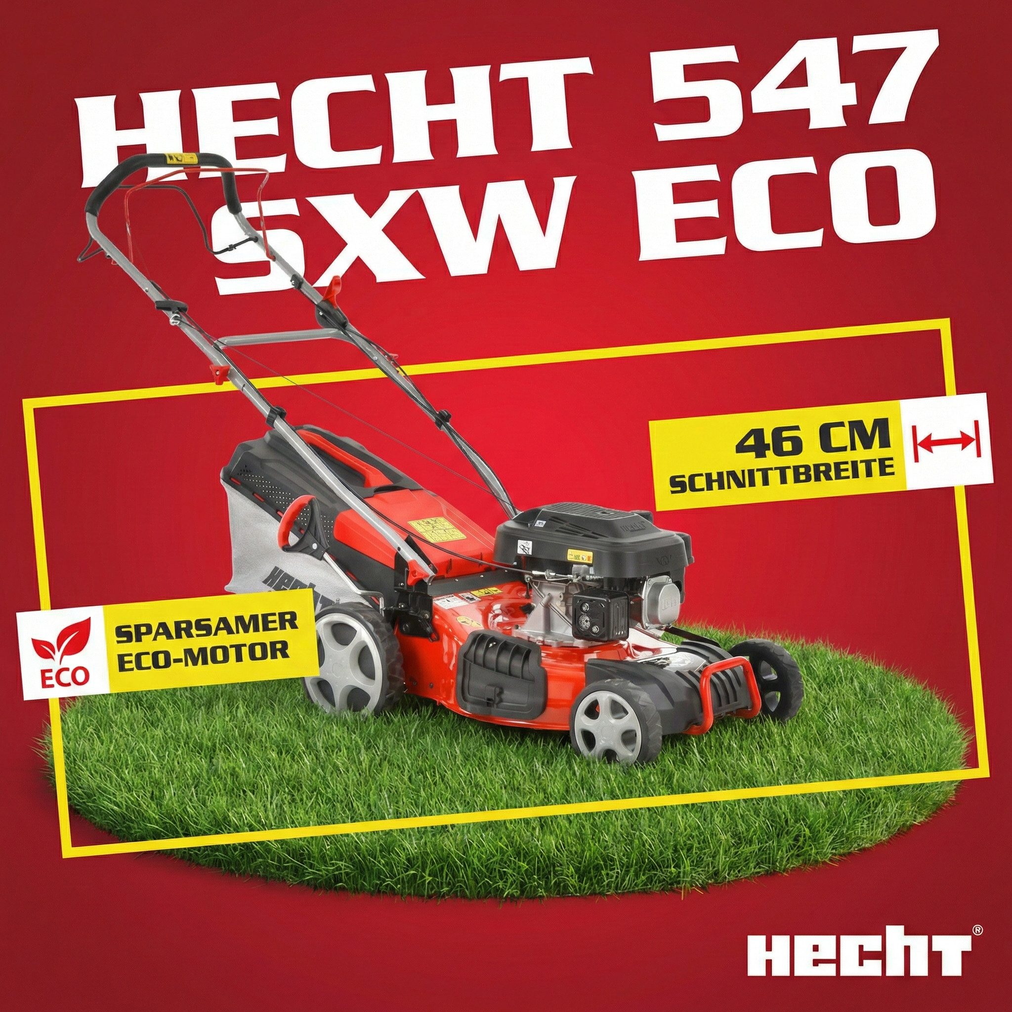 Hecht Benzinrasenmäher 547 SXW 5in1 mit Radantrieb Mulchkit Stahlgehäuse, 46 cm Schnittbreite, 3,7 PS, 150 cm³, 25-75 mm