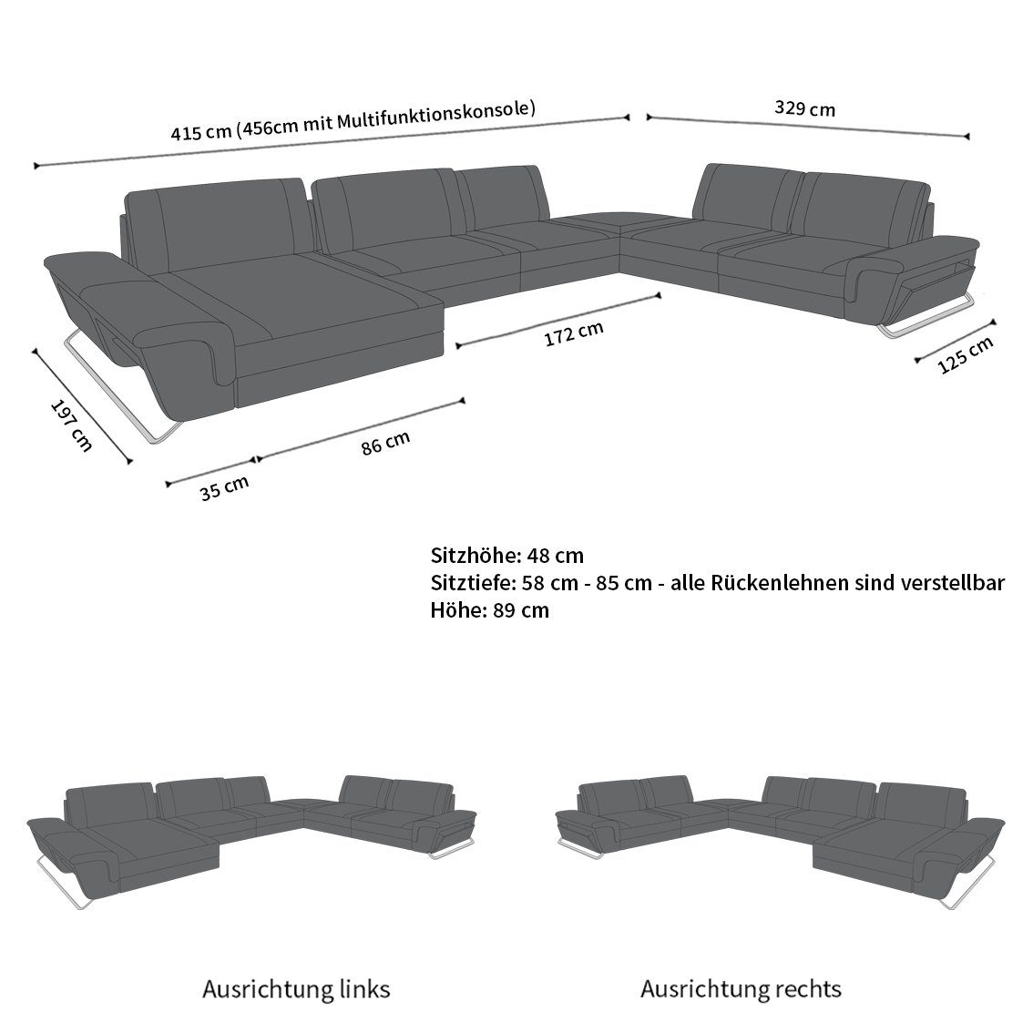 Dreams Designersofa Couch Sofa Multifunktions-Konsole, Bari LED, Polster Stoffsofa, Braun-Weiss H11 mit Form Sofa Wohnlandschaft XXL USB-Anschluss, Schwarz U Stauraum, Stoff