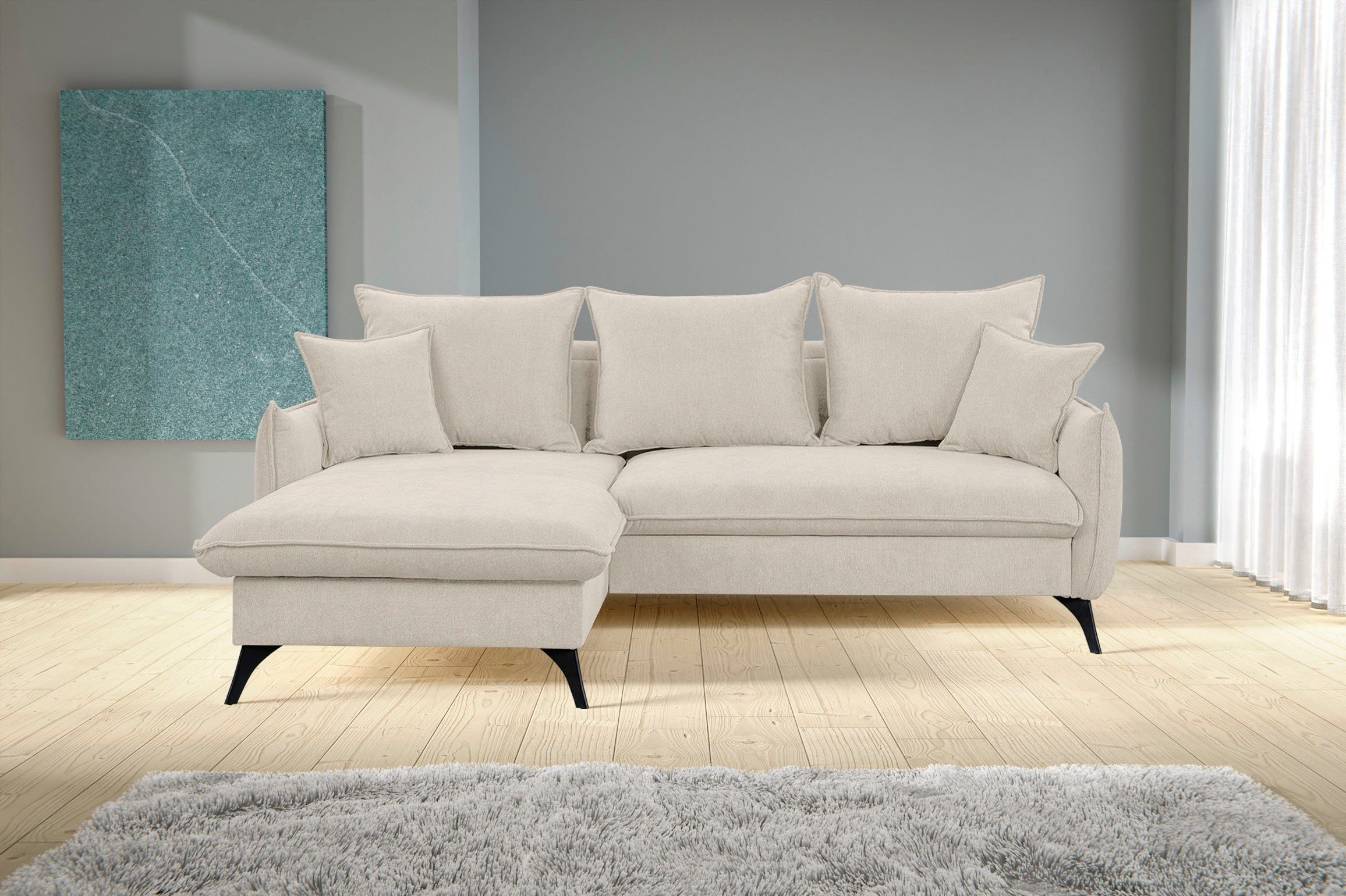 WERK2 Ecksofa Modica, Minimalistisches Ecksofa mit Schlaffunktion &  Bettkasten