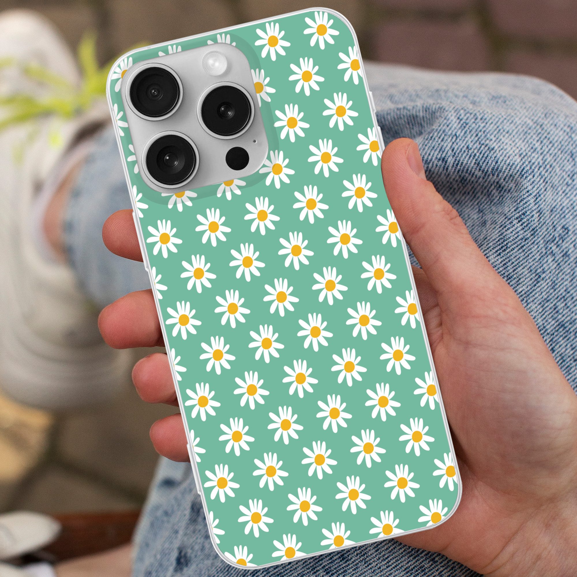 MuchoWow Handyhülle für Apple iPhone 16 Pro Gänseblümchen - Muster - Grün - Blumen, Smartphone-Bumper, Print, Handy Schutzhülle Dünn