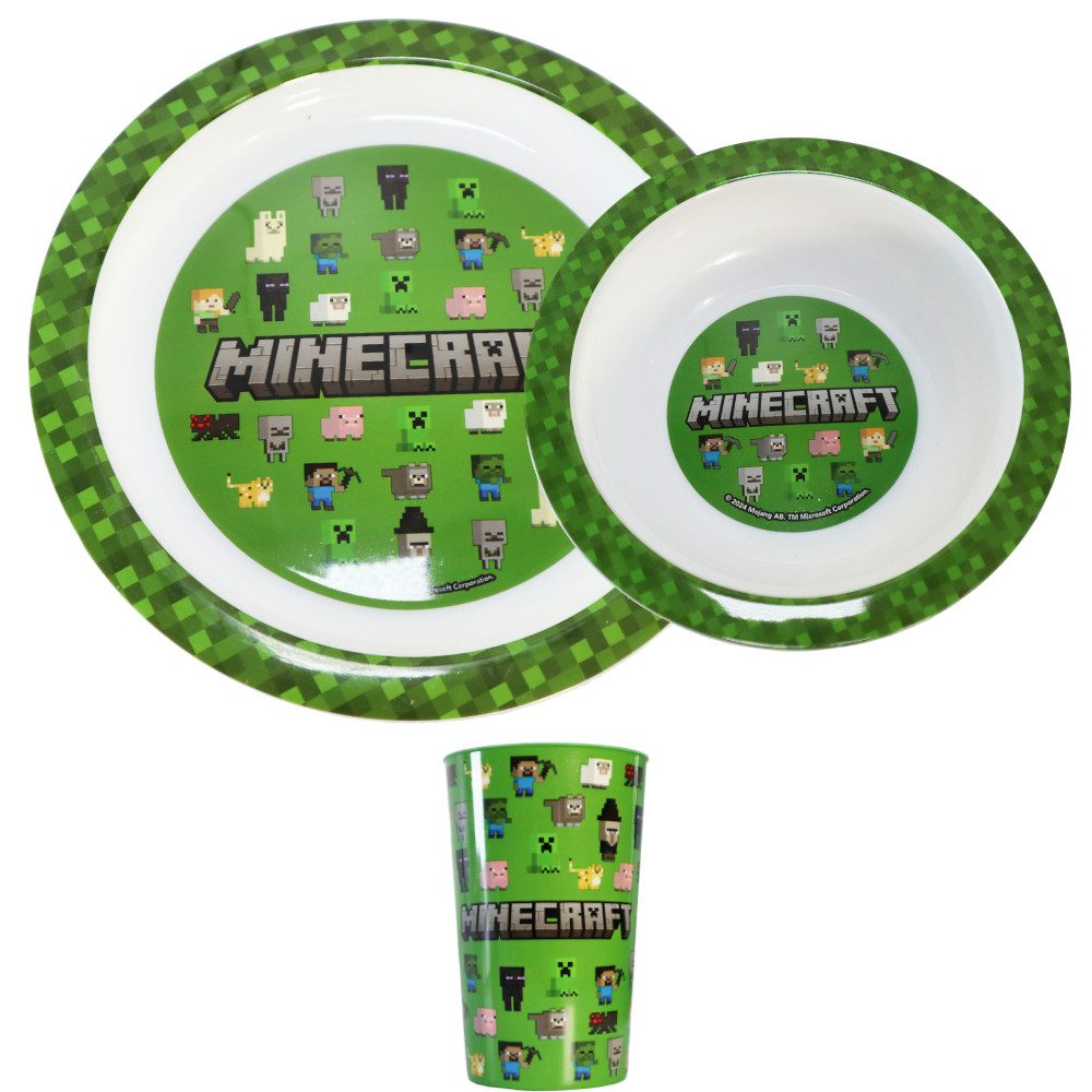 Minecraft Kindergeschirr-Set Minecraft Kinder Geschirr-Set 3 teilig Becher Teller Schüssel (3-tlg), 1 Personen, Kunststoff, Creeper, Steve, Alex