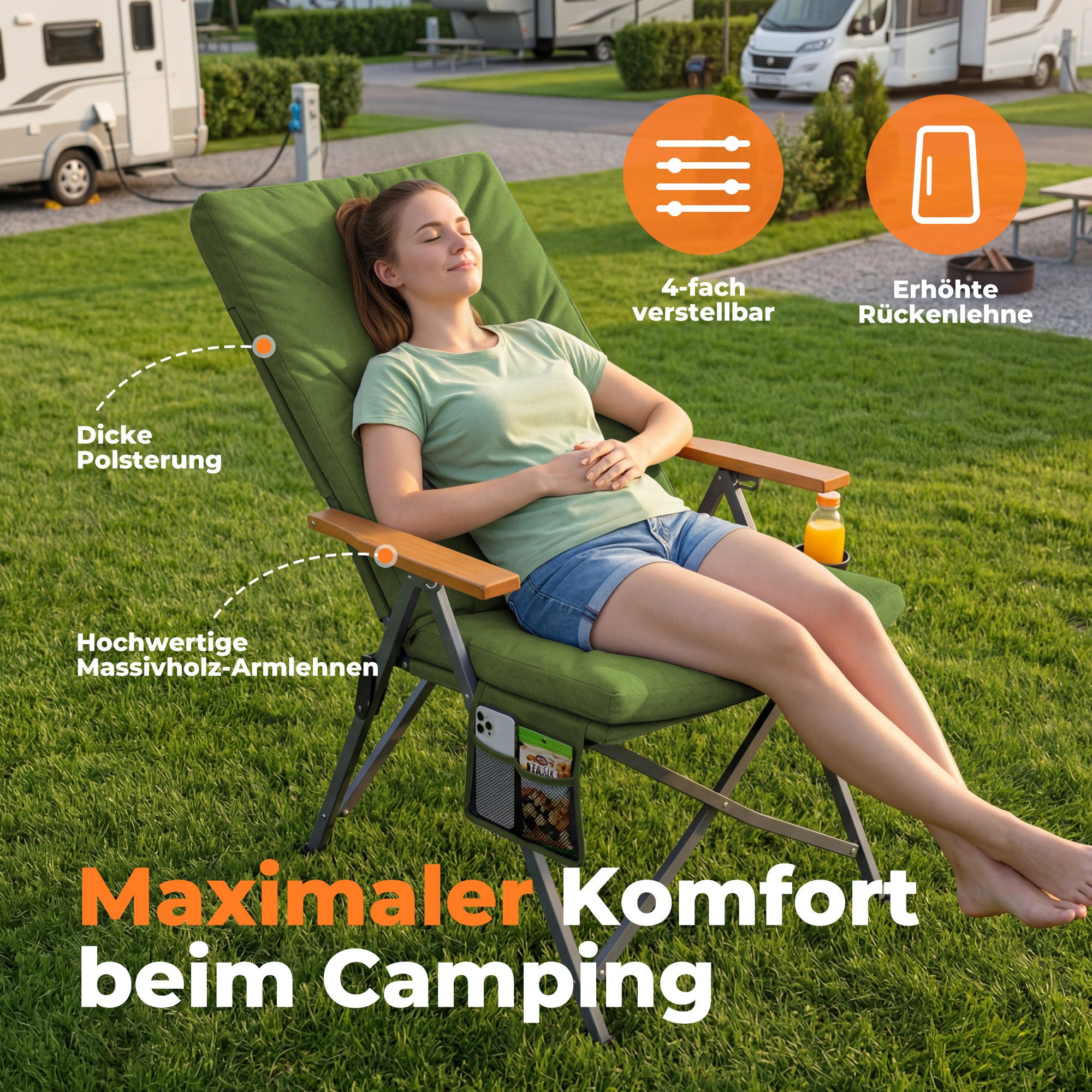 HOMECALL Campingstuhl Faltbar Hochlehner Luxus Klappstuhl mit 4,5cm Dicke Gepolstert (150kg Belastbar mit 4 Positionen Verstellbar Angelstuhl, 1 St), für Garten Balkon Wohnmobil