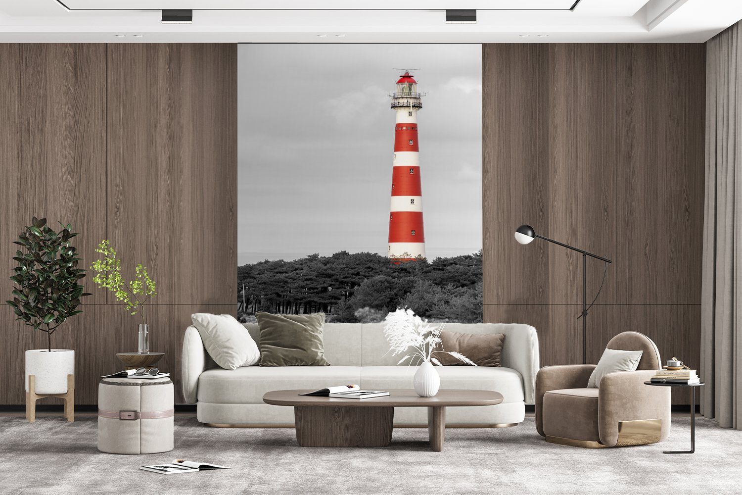 Leuchtturm Matt, Strand - MuchoWow - St), bedruckt, Fototapete Bäume, Wandtapete Tapete Montagefertig Wohnzimmer, (3 für Vinyl
