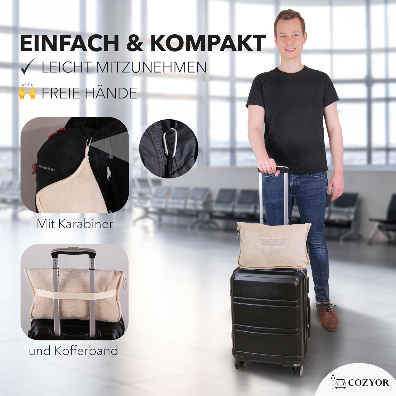 Cozyor Reisekissen und Reisedecke 2 in 1, Reiseset kuschelig weich + Rucksack-Clip, & mit praktischer Befestigung für Koffer, beige Driftwood Serie, 1-tlg., Verwandlungskissen, Flugzeugdecke für unterwegs wahlweise mit Nackenkissen & Augenmaske