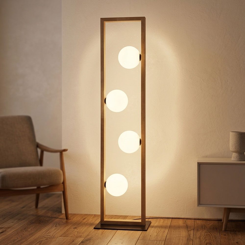 GLOBO LIGHTING LED Stehlampe, Leuchtmittel inklusive, Warmweiß, LED Stehleuchte Wohnzimmerlampe Fußschalter Holz Glas Schwarz H 110 cm