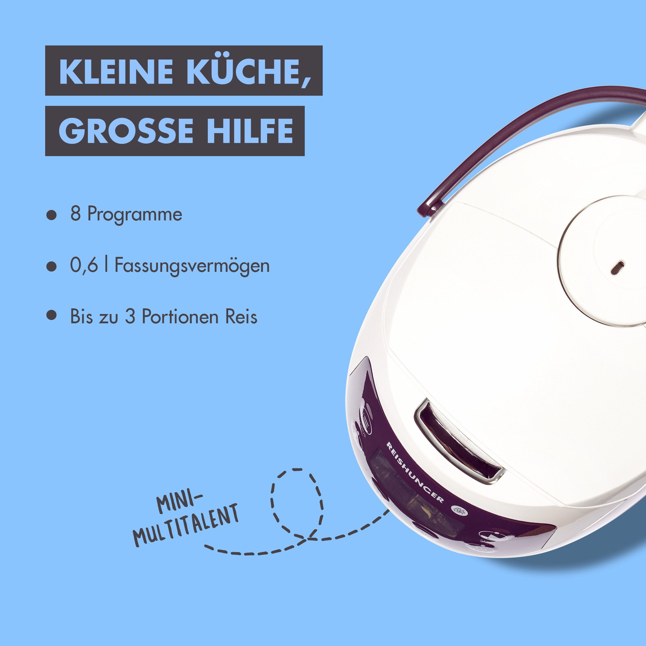 Reishunger Reiskocher - Digitaler Mini Reiskocher, 350 W, Dämpfeinsatz, Messbecher, Reislöffel, Timer- und Warmhaltefunktion