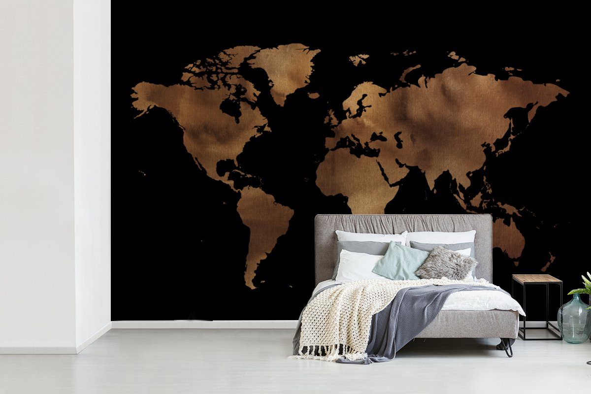 Schlafzimmer, MuchoWow Matt, St), Kinderzimmer, bedruckt, Weltkarte Schwarz Bronze, (6 für - - Tapete Wohnzimmer, Vinyl Fototapete Wallpaper
