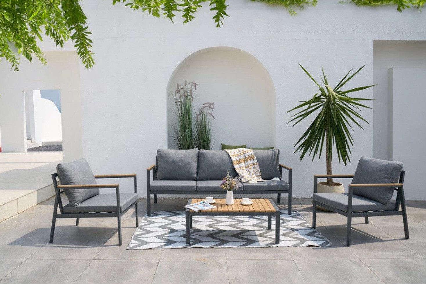 Focus Garden Gartenlounge-Set "EDISON CAFFE" 5-Sitzer mit Couch + 2 Stühlen + Tisch, Aluminium, (4-tlg), Polywood Holz-Optik, Witterungsbeständig, Gartenmöbel-Set
