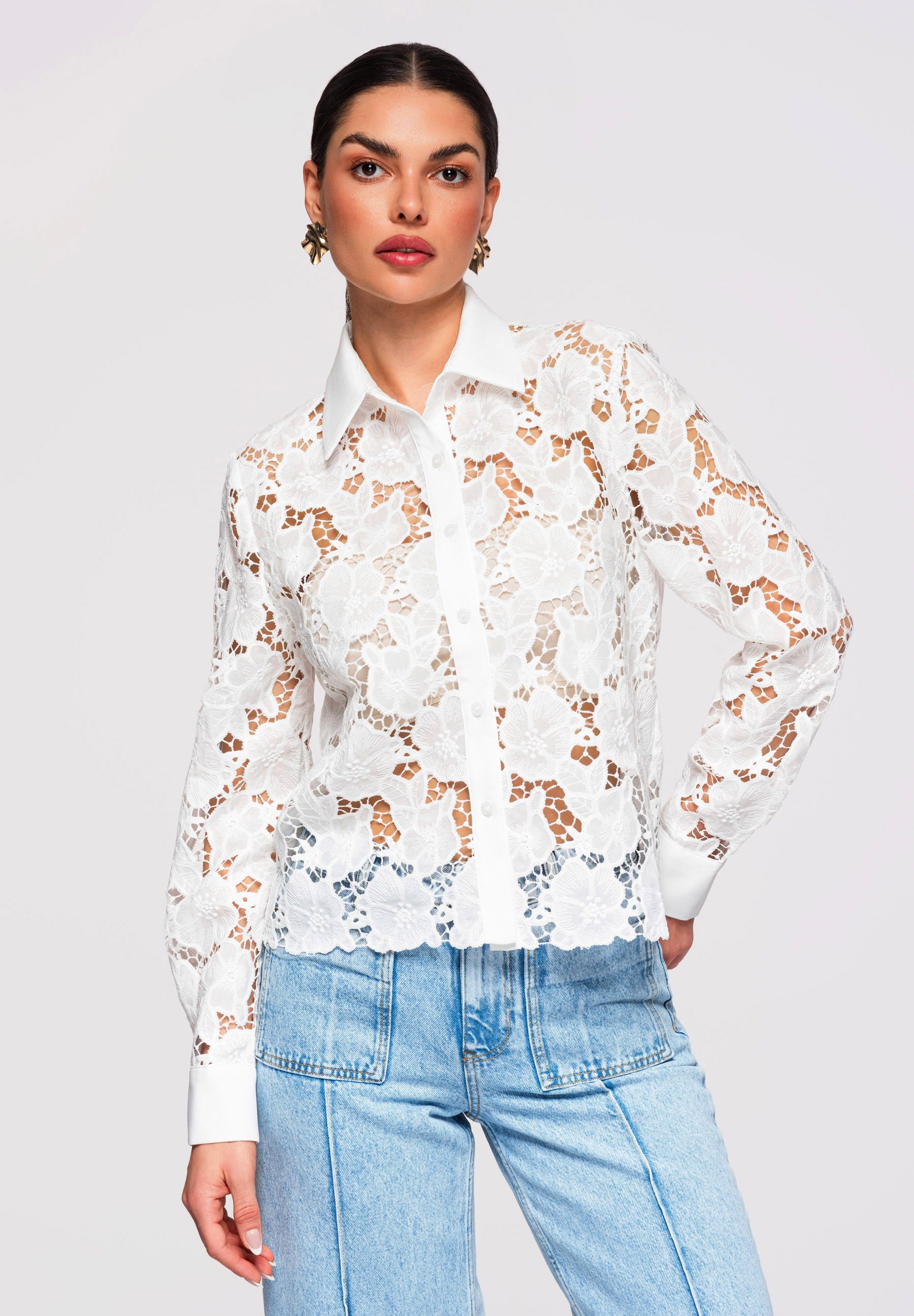 OMBRE Spitzenbluse Damen-Spitzenbluse mit klassischem Kragen