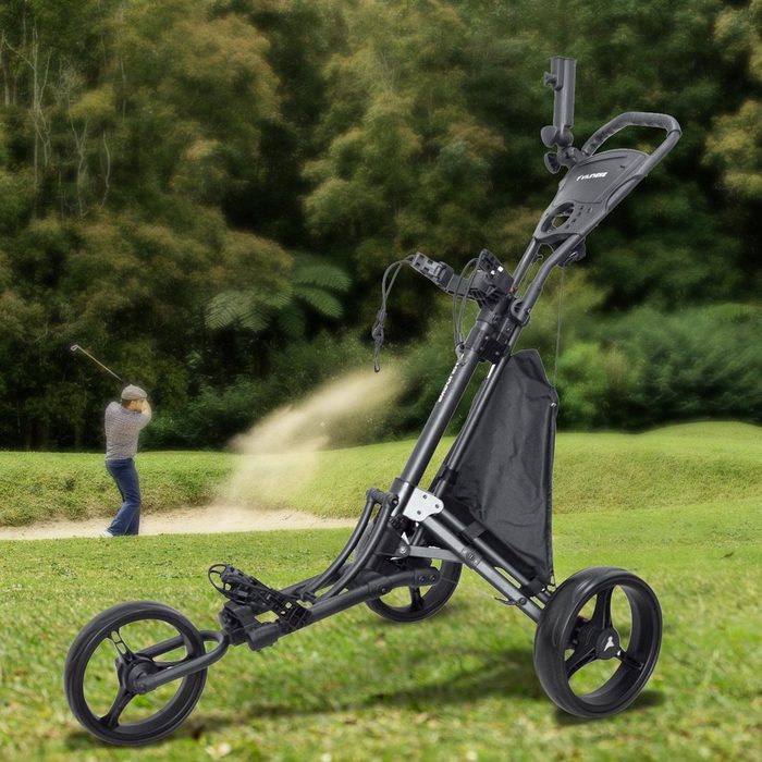 SIKAINI Golftrolley A-DJ-W1112-W111241812 (Set 1-St. mit Fußbremse) Once click 3 Wheel Golf Push Cart – Faltbarer Trolley – SCHWARZ