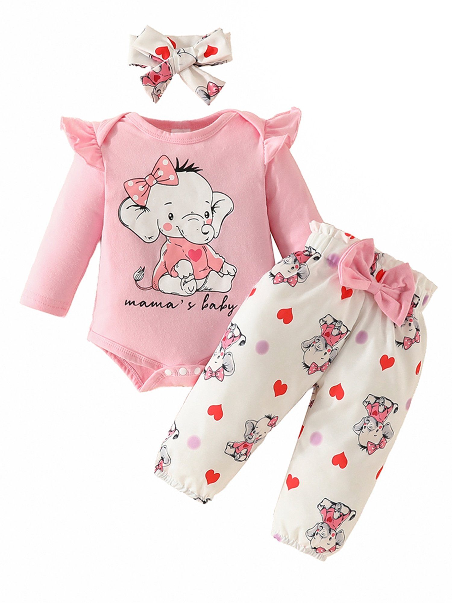 LAPA Shirt, Leggings & Haarband Baby Mädchen Elefanten Cartoon Druck Freizeitanzug, Alltagsanzug (Set, 3-tlg) Geschenk für Neugeborene, Rüschen Schleifendekoration Rosa