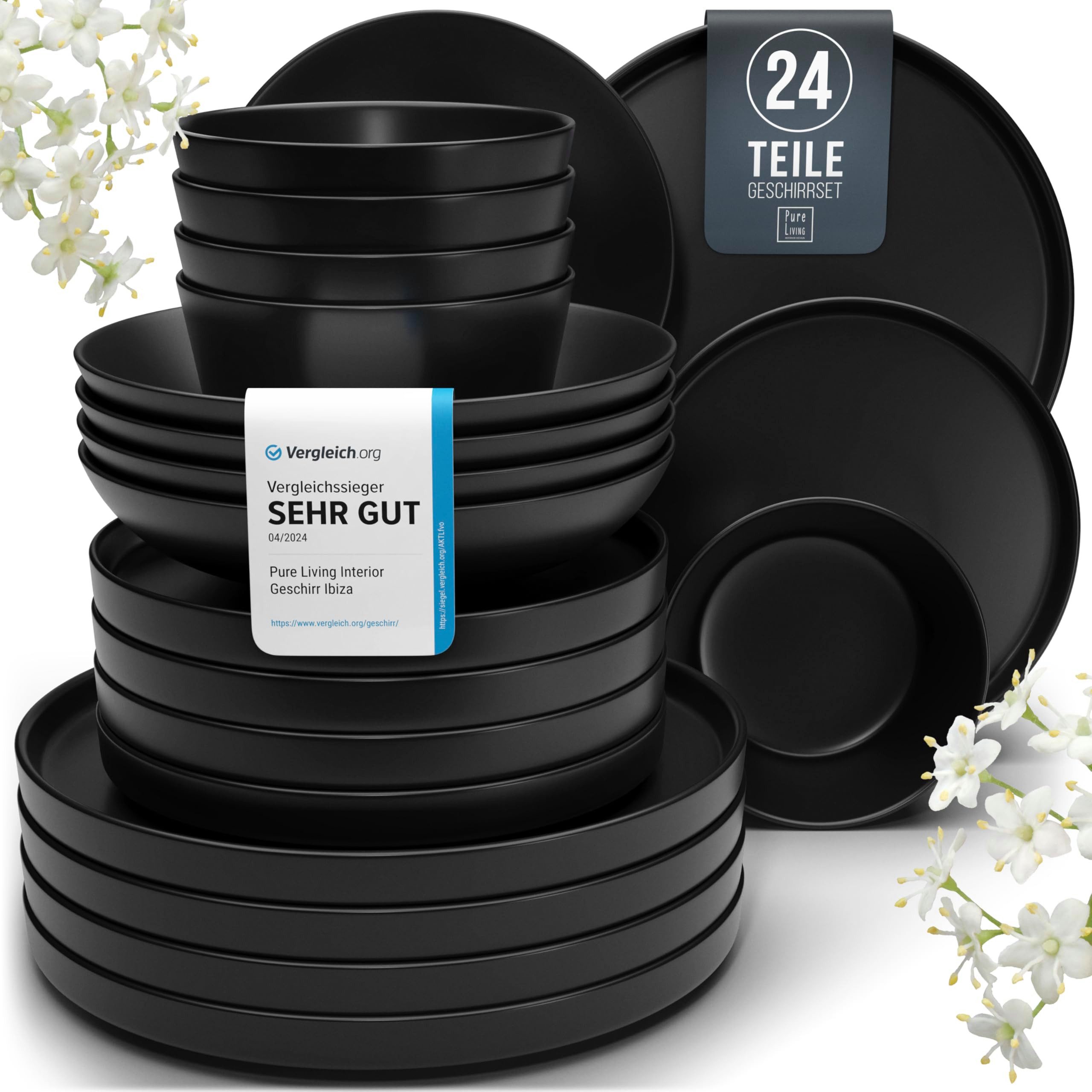 PURE LIVING INTERIOR DESIGN Geschirr-Set 6 Pers. - Hochwertiges Steingut Geschirrset - Geschirr Set (24-tlg), 6 Personen, Steingut, Schüssel- und Тарелки Set in Matt Schwarz