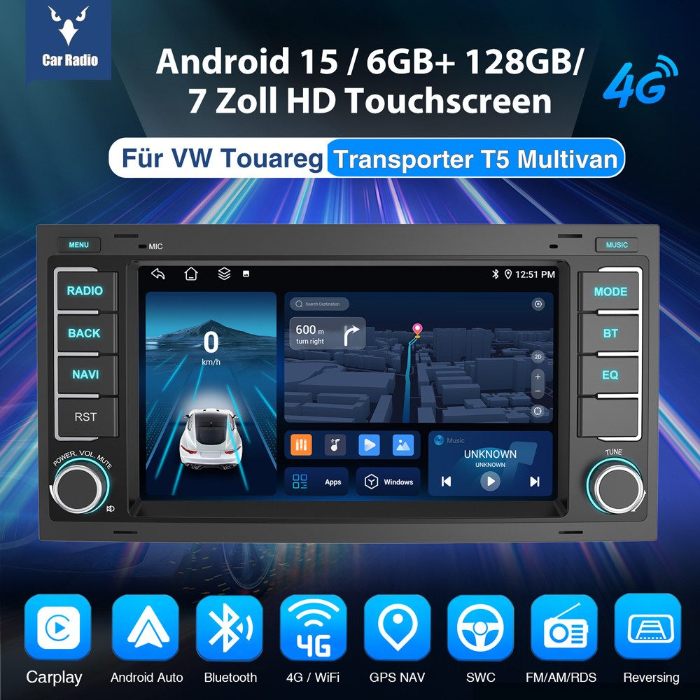 ESSGOO 8-Kern Für VW T5 Multivan Transporter 6GB+128GB Android14 Autoradio Autoradio (Digitalradio (DAB), RDS, FM, AM, DSP 4G LTE GPS Navi WIFI BT SWC EQ)