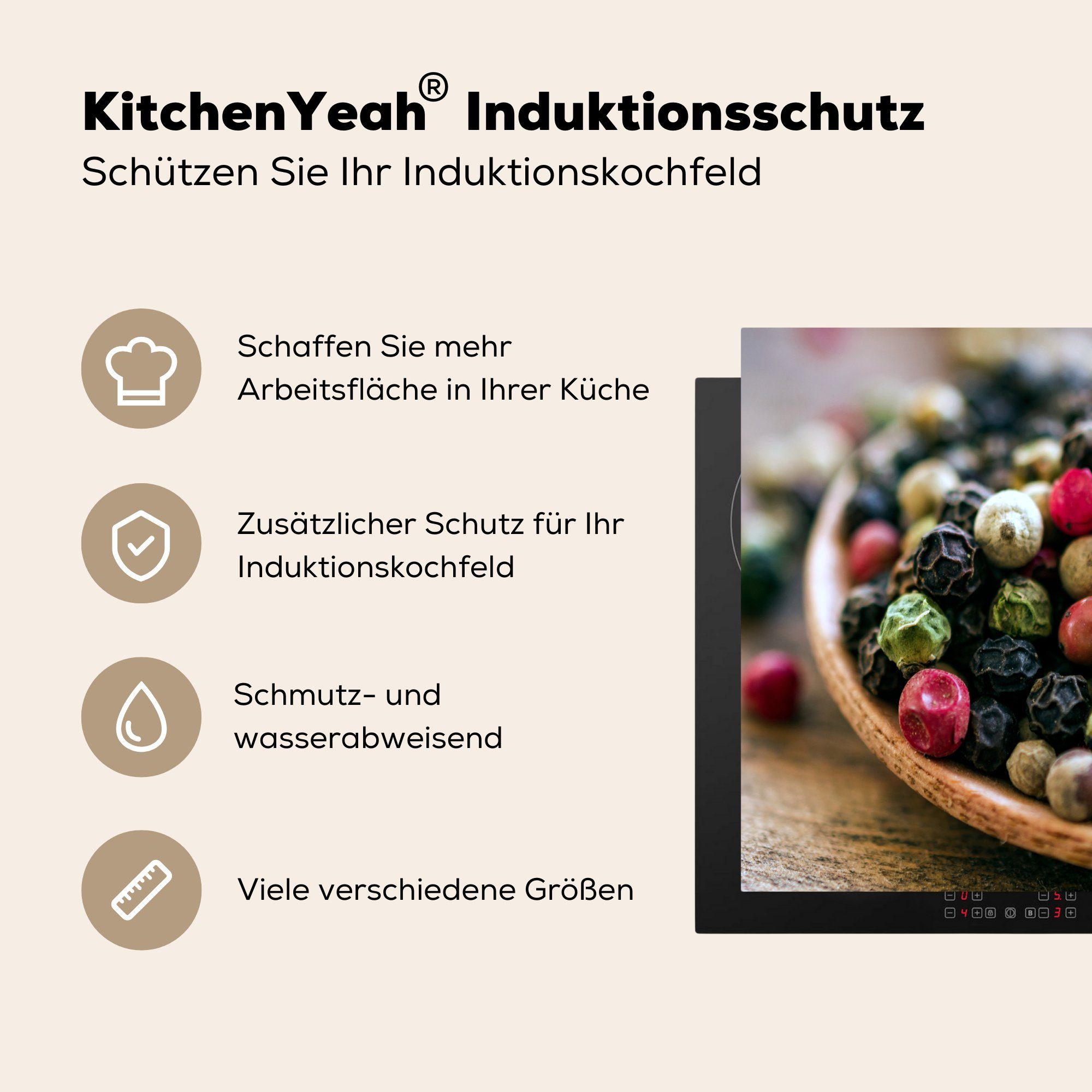 MuchoWow tlg), Farben Pfefferkörner Mobile Arbeitsfläche Herdblende-/Abdeckplatte Holzschale, schwarze Vinyl, der der in cm, 60x52 und (1 nutzbar, Ceranfeldabdeckung Rote