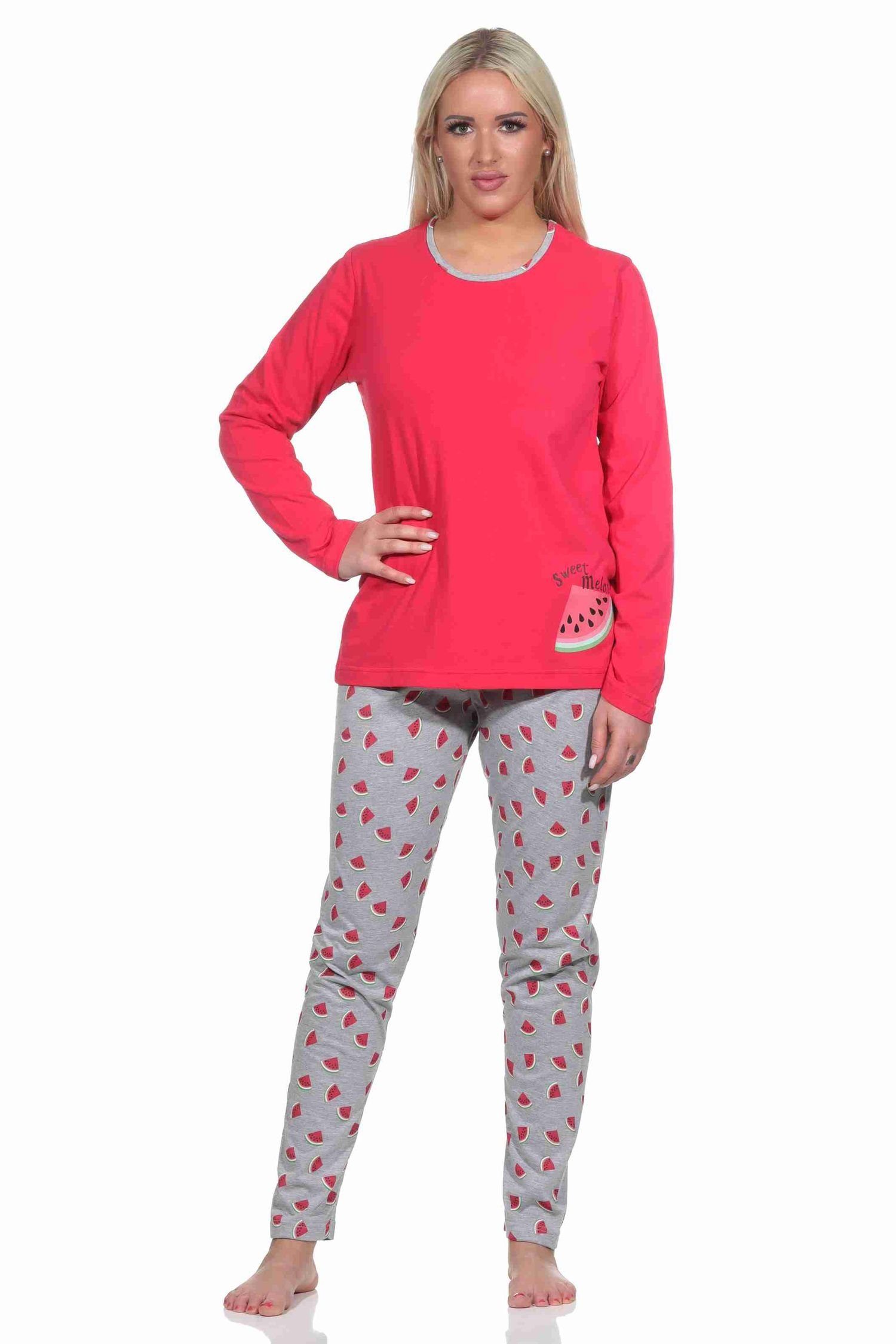 Normann Pyjama Damen Schlafanzug lang mit Melone als Motiv, Hose allover bedruckt pink