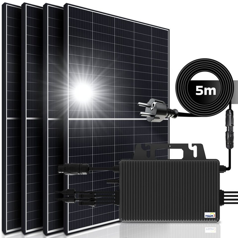 SUNNIVA Solaranlage Balkonkraftwerk 1720W Micro-Wechselrichter 1600W mit 4  Solarmodule, Monokristallin, (TSUN TSOL-MS1600 Micro-Inverter, 5m  Anschlusskabel, Solarkabel, Balkon Mini-PV Anlage), genehmigungsfrei  Solarpanel Solarmodul Photovoltaikanlage