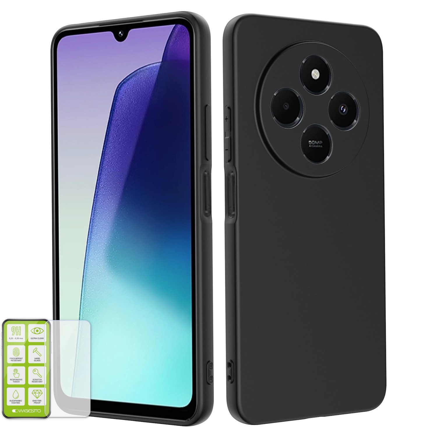 Wigento Handyhülle Für Xiaomi Redmi 14C Silikon TPU Hülle Case Schwarz + H9 Hart Glas, Produktset TPU Hülle mit Hart Glas