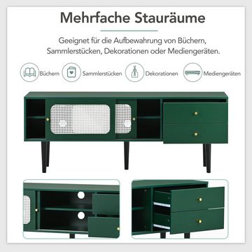 Merax Lowboard im Vintage-Stil mit Rattan Geflecht, TV-Schrank mit 2 Schiebetüren und 2 Schubladen, Breite 160cm