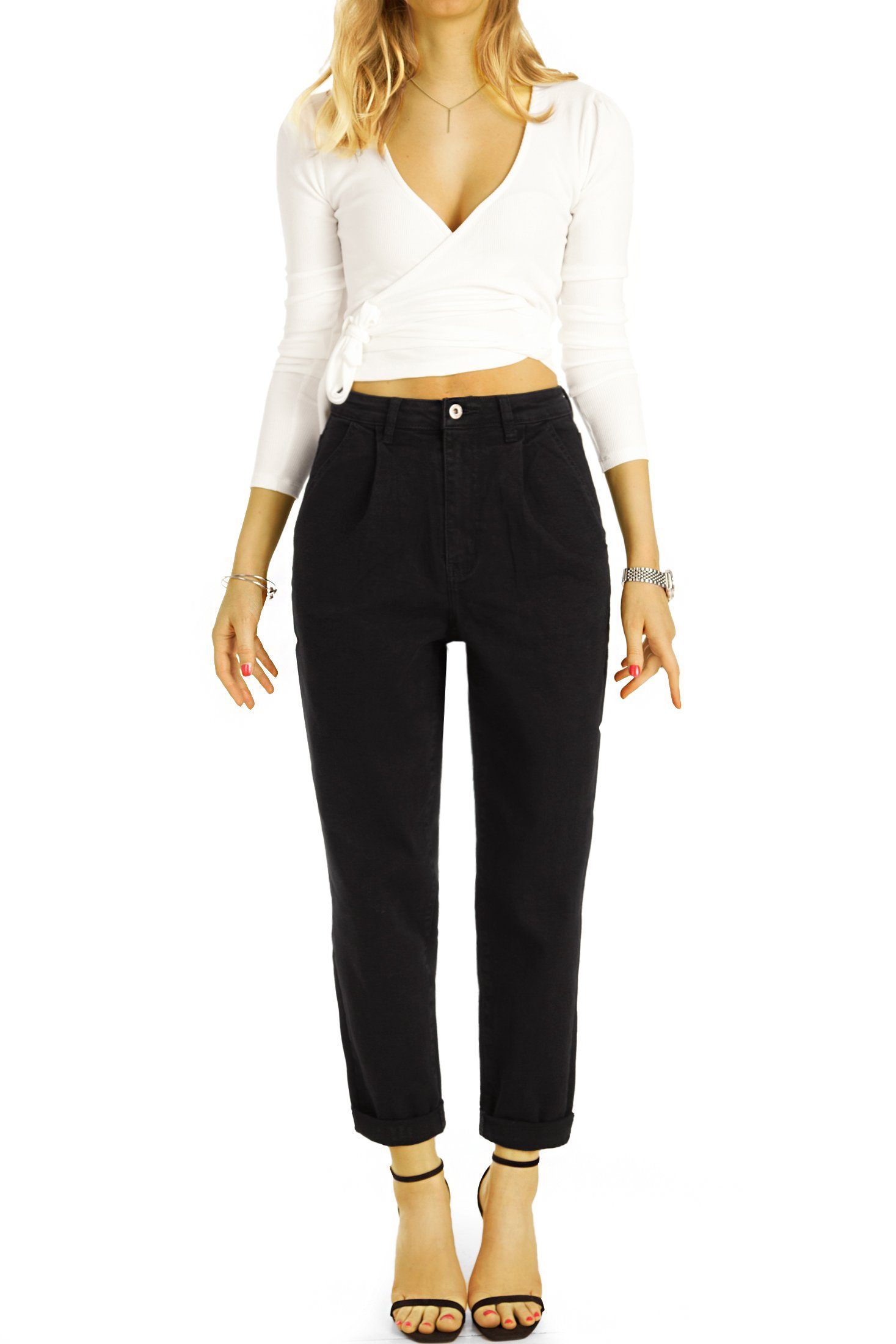 Jeans waist Stretch-Anteil be schwarz High Waist Medium mit Damen Hose j24g-4 5-Pocket-Style, - Mom-Jeans Mom - styled