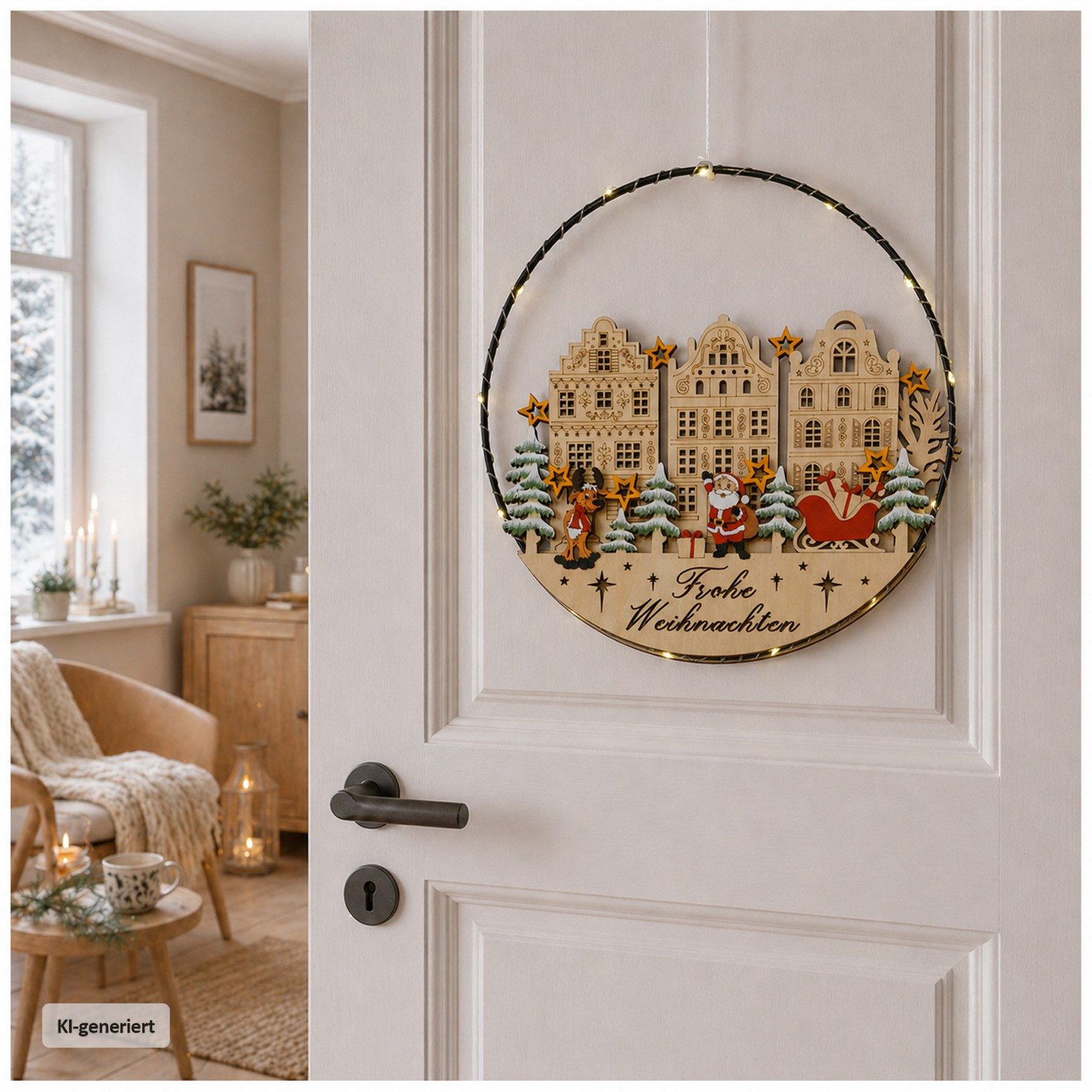 HTI-Living Beleuchtetes Fensterbild LED-Hängedekoration mit Weihnachtsmann und Rentier, Weihnachtliche Fenster- und Türdekoration aus Holz Ø 30 cm