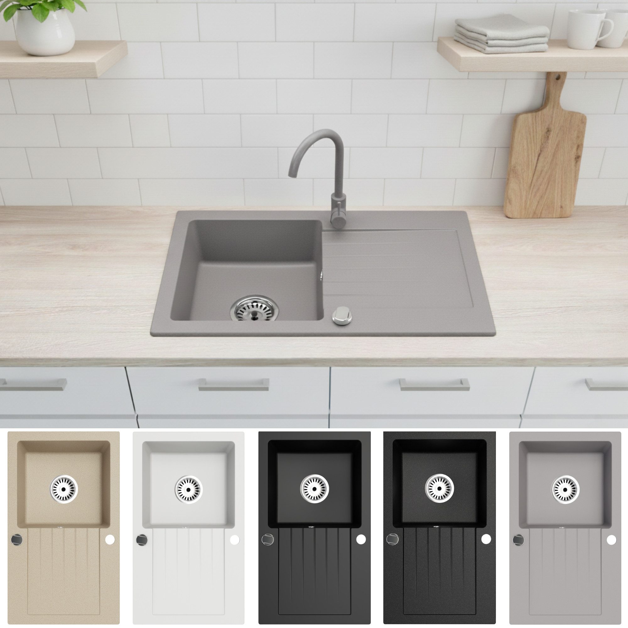 Faizee Möbel Granitspüle Faizee Home Granit Einbauspüle 75×43,5 cm Spülbecken mit Siphon-Set, Eckig, 75/43.5 cm, Granitspüle in 5 Farben – Mattschwarz, Schwarz Gesprenkelt, Grau, Beige, Weiß, (Spüle mit Siphon-Set, 1 St., Spüle inklusive Siphon-Set und Ablaufgarnitur), Beidseitig montierbar, kratzfest & hitzebeständig, EU-Qualität